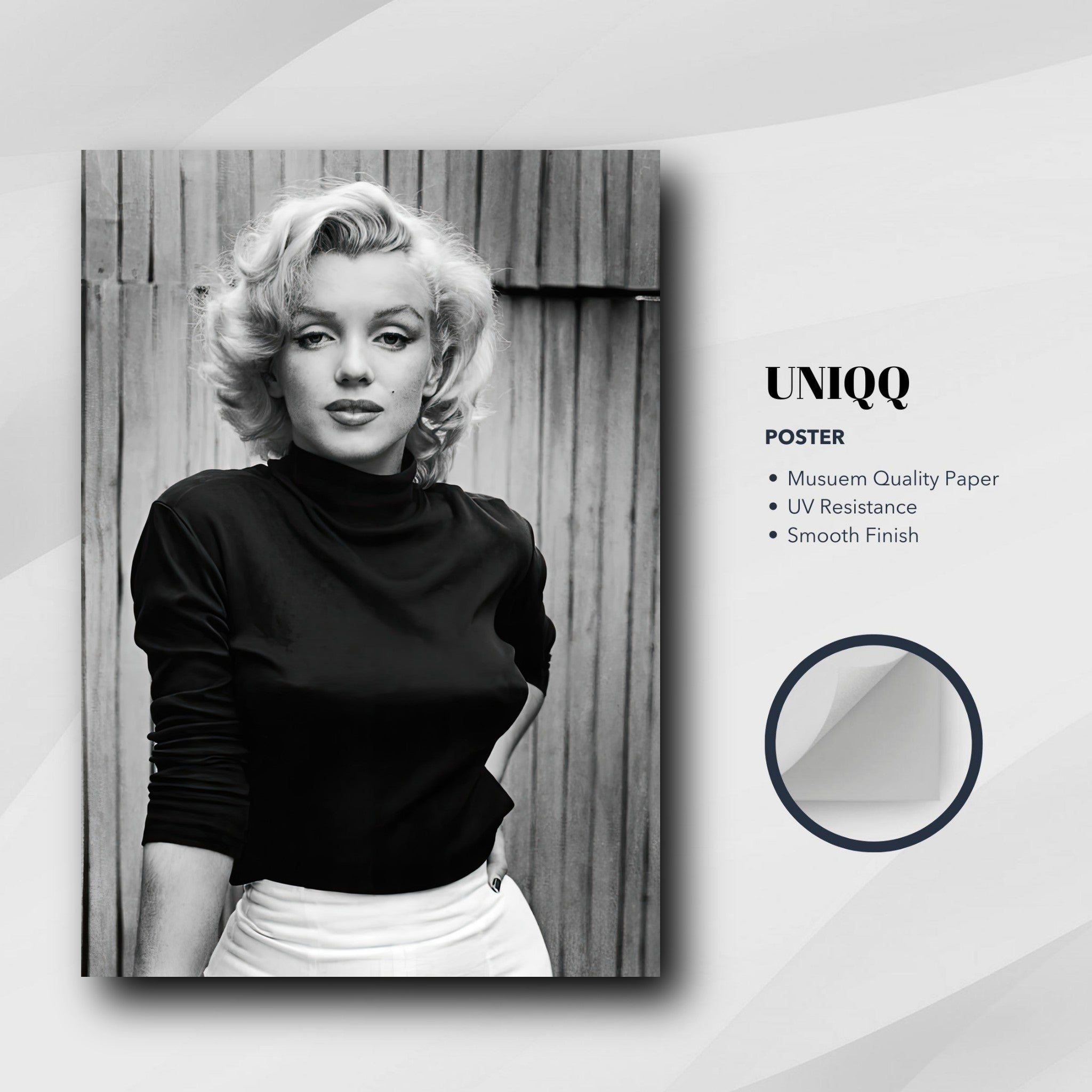 Marilyn Monroe black-and-white portrait poster on museum quality paper, featuring her iconic charm and vintage style.