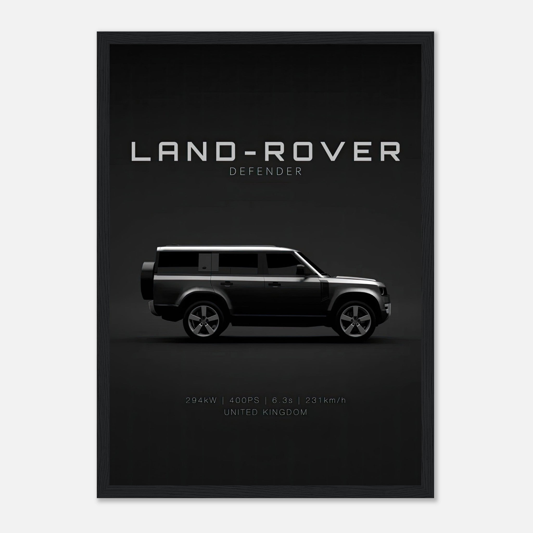 Framed print of a Land Rover Defender showcasing its sleek side profile and specs on a dark background.