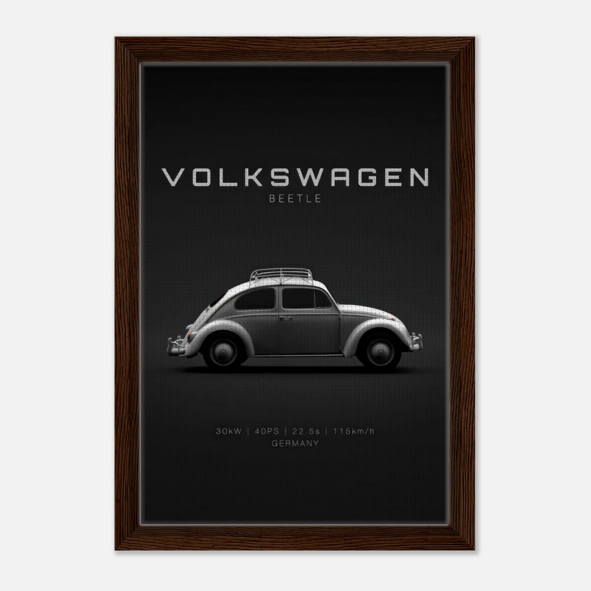 Framed canvas artwork of a Volkswagen Beetle on a sleek black background, showcasing retro automotive design.