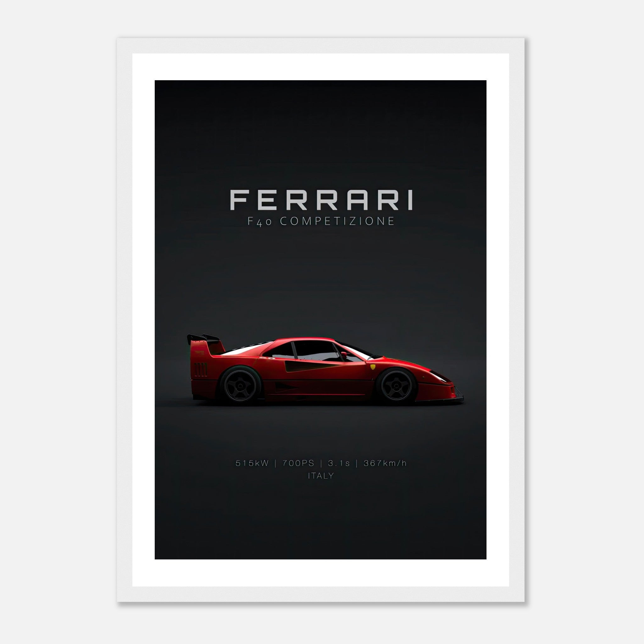 Ferrari F40 Competizione framed poster showcasing sleek red supercar design on dark background.