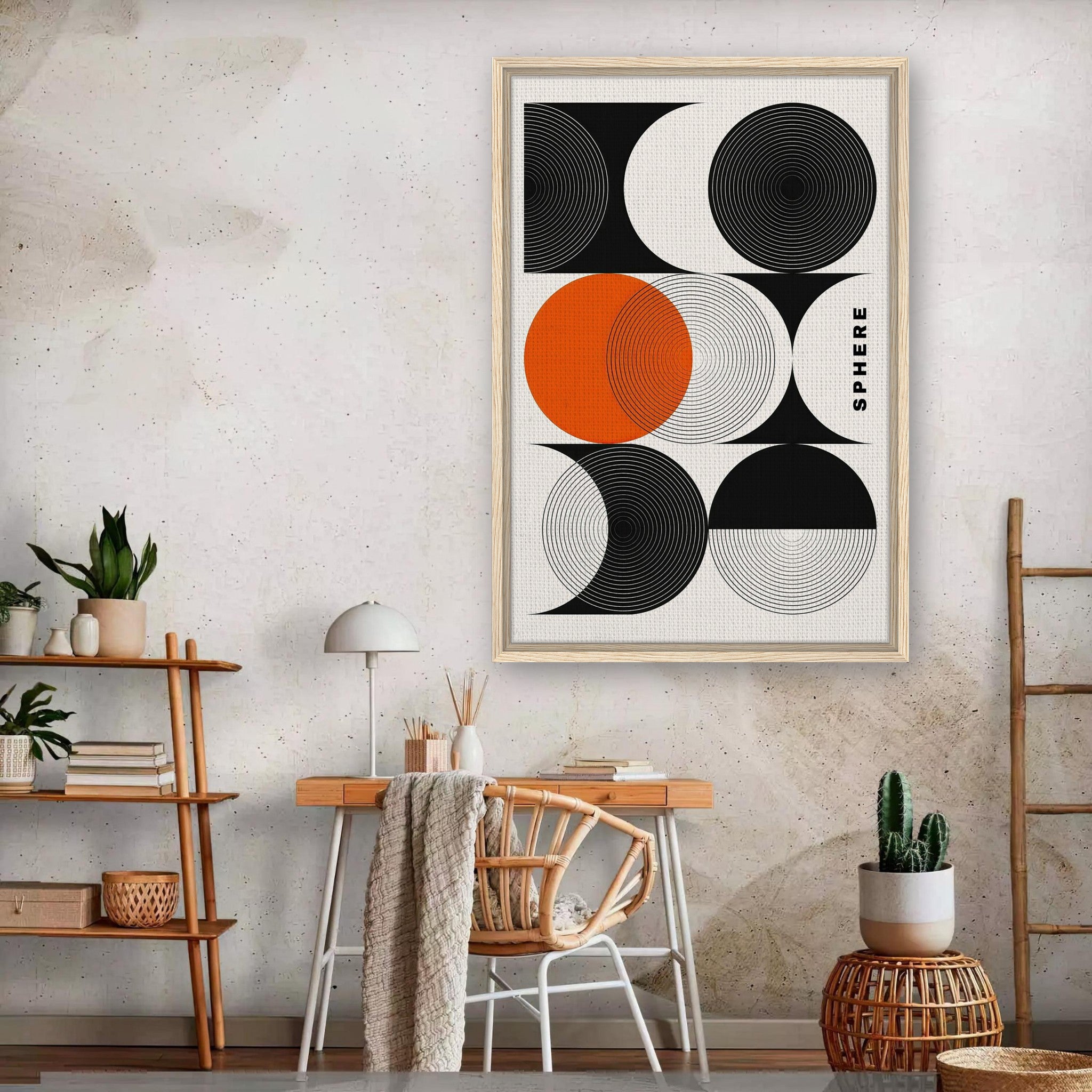 Abstract Geometric Sphere Art framed print showcasing black and orange circles on a stylish wall.