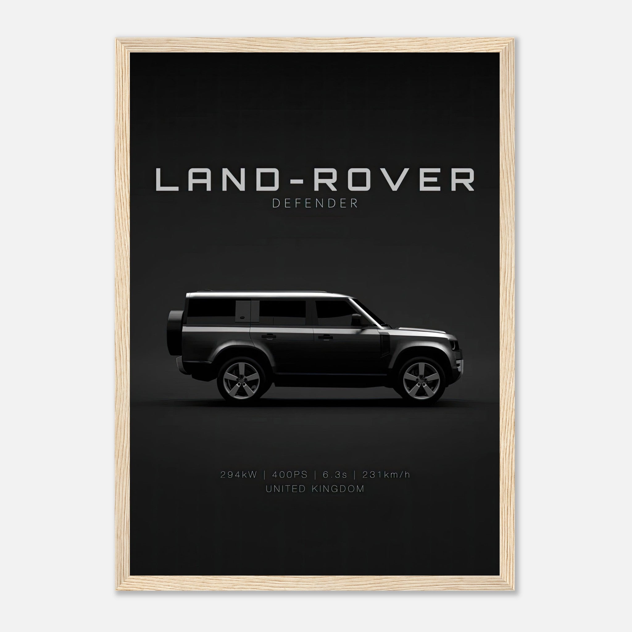 Framed print of Land Rover Defender showcasing its sleek side profile and minimalist design.
