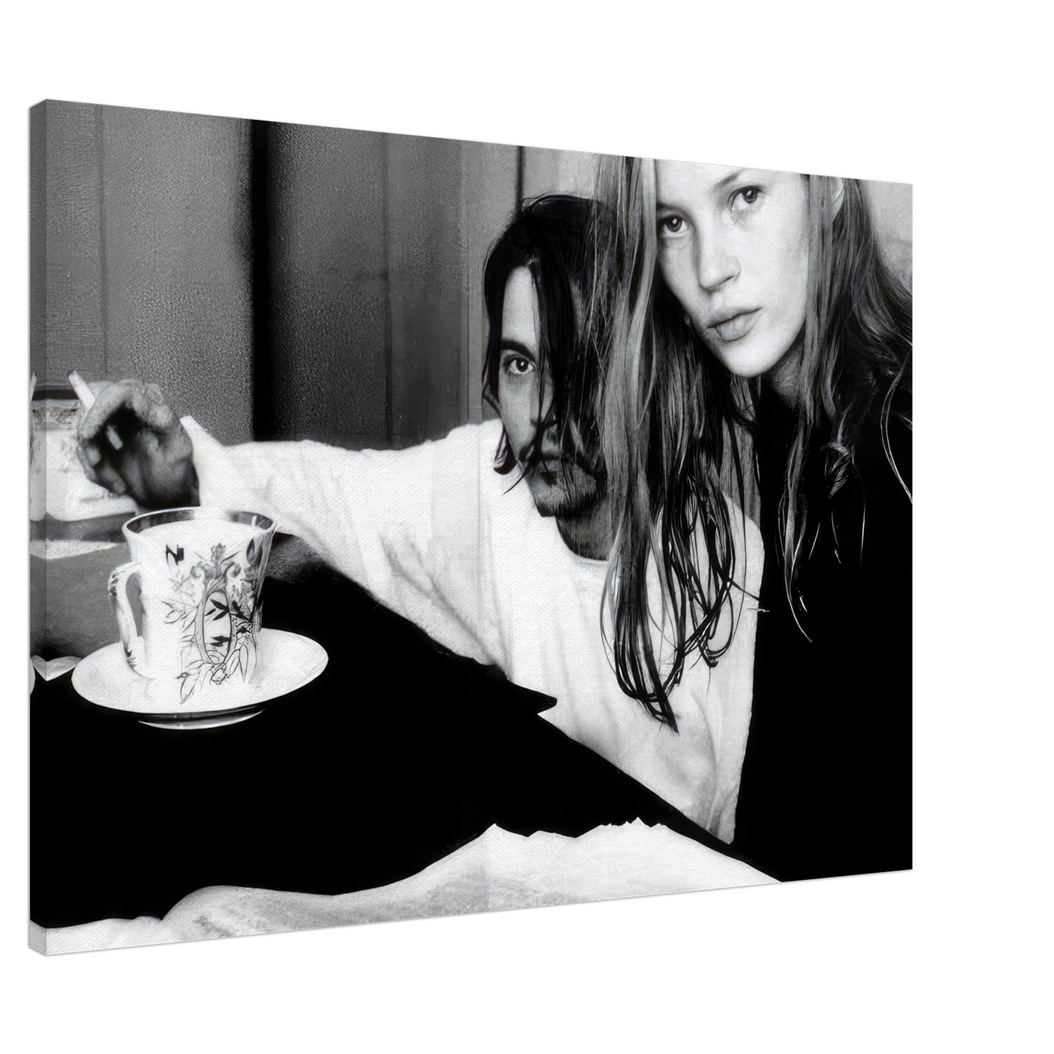 Rebel Romance canvas print of Johnny Depp and Kate Moss, capturing 90s nostalgia and vintage glamour in black and white.