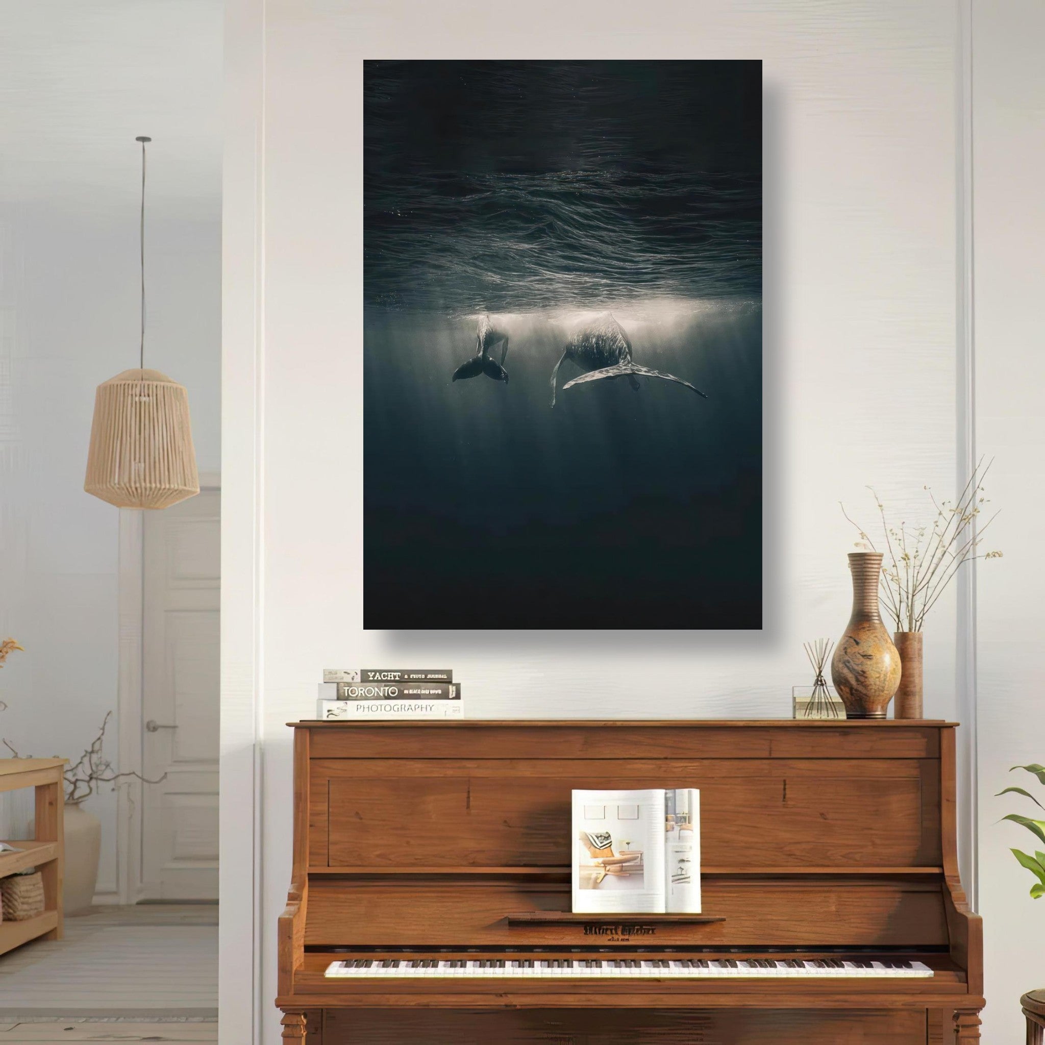 Whales gliding underwater in ocean metal print, showcasing serene deep-sea beauty and tranquility.