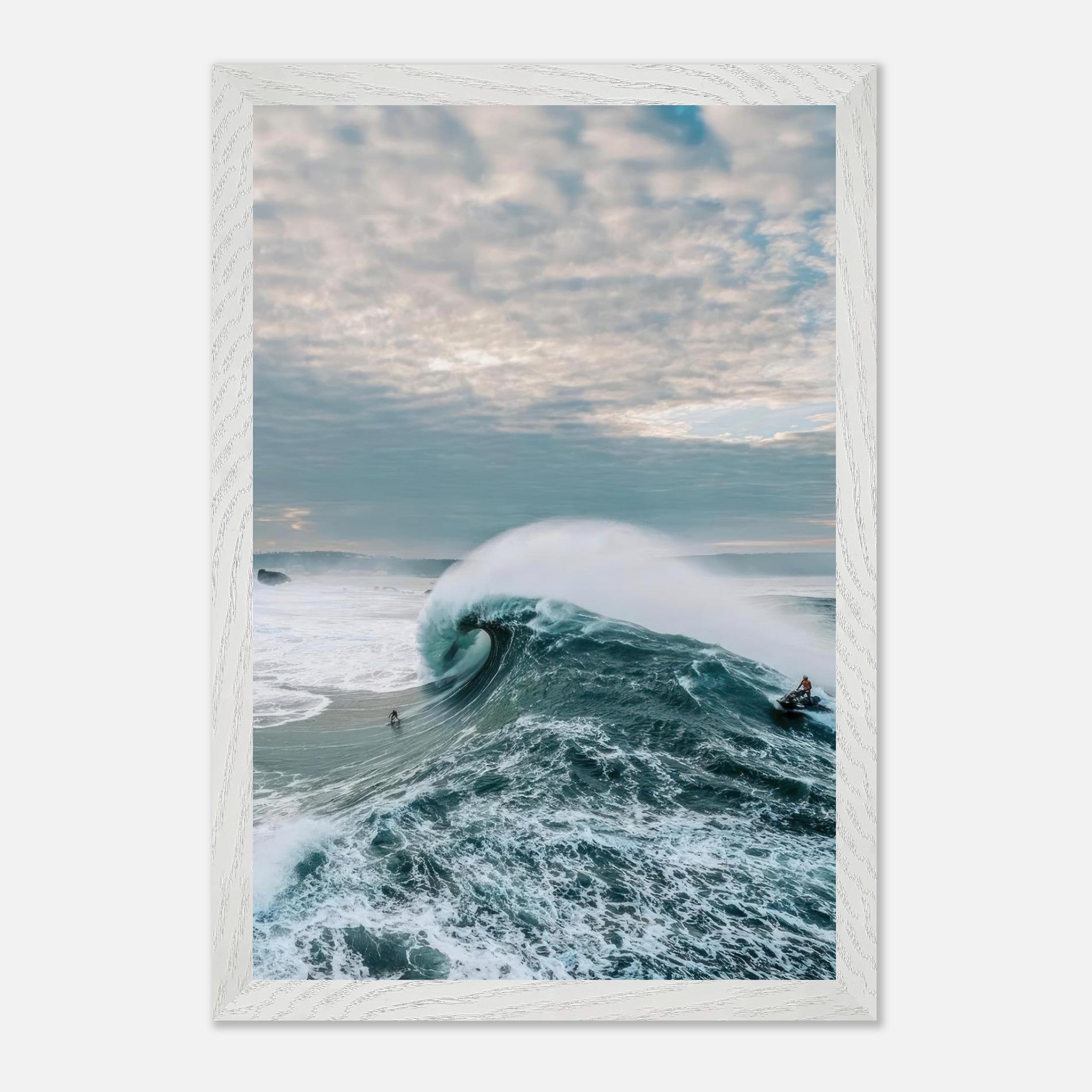 Big wave surfing fine art print featuring a surfer riding a colossal wave under a moody sky.