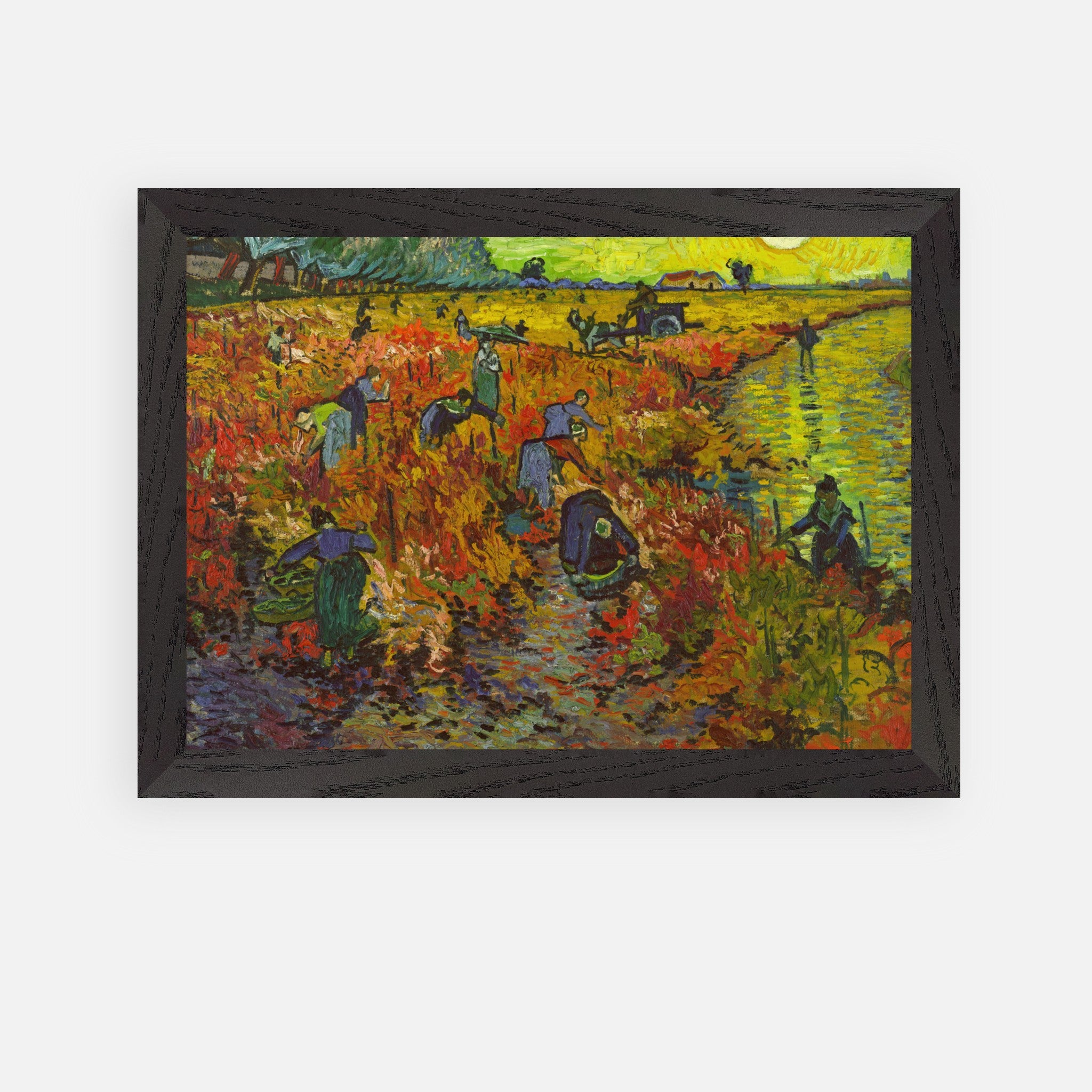 The Red Vineyard framed art print by Van Gogh, depicting autumn grape harvesters under a golden sun.