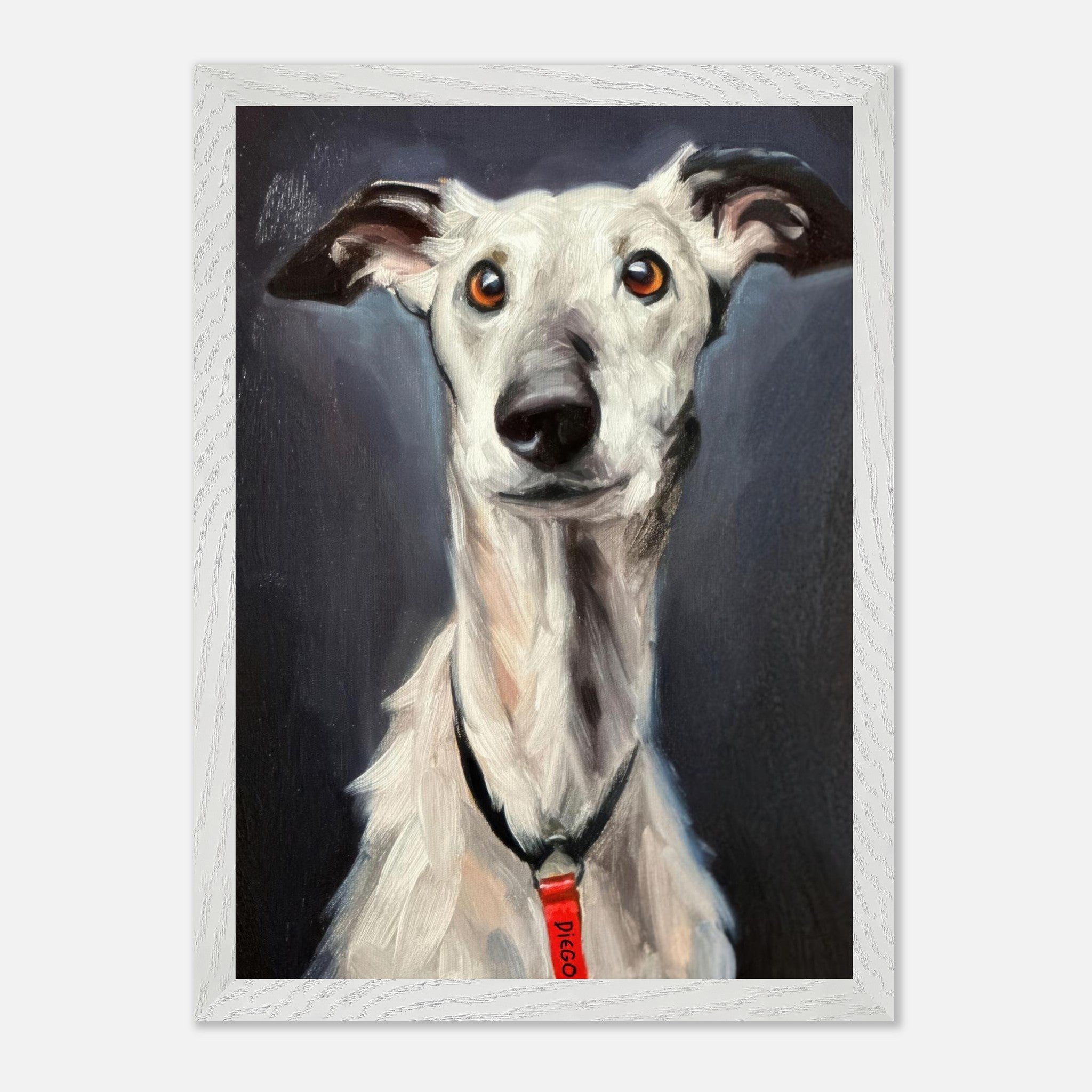 Greyhound dog painting vintage framed print features a detailed portrait of a graceful greyhound with a noble expression.