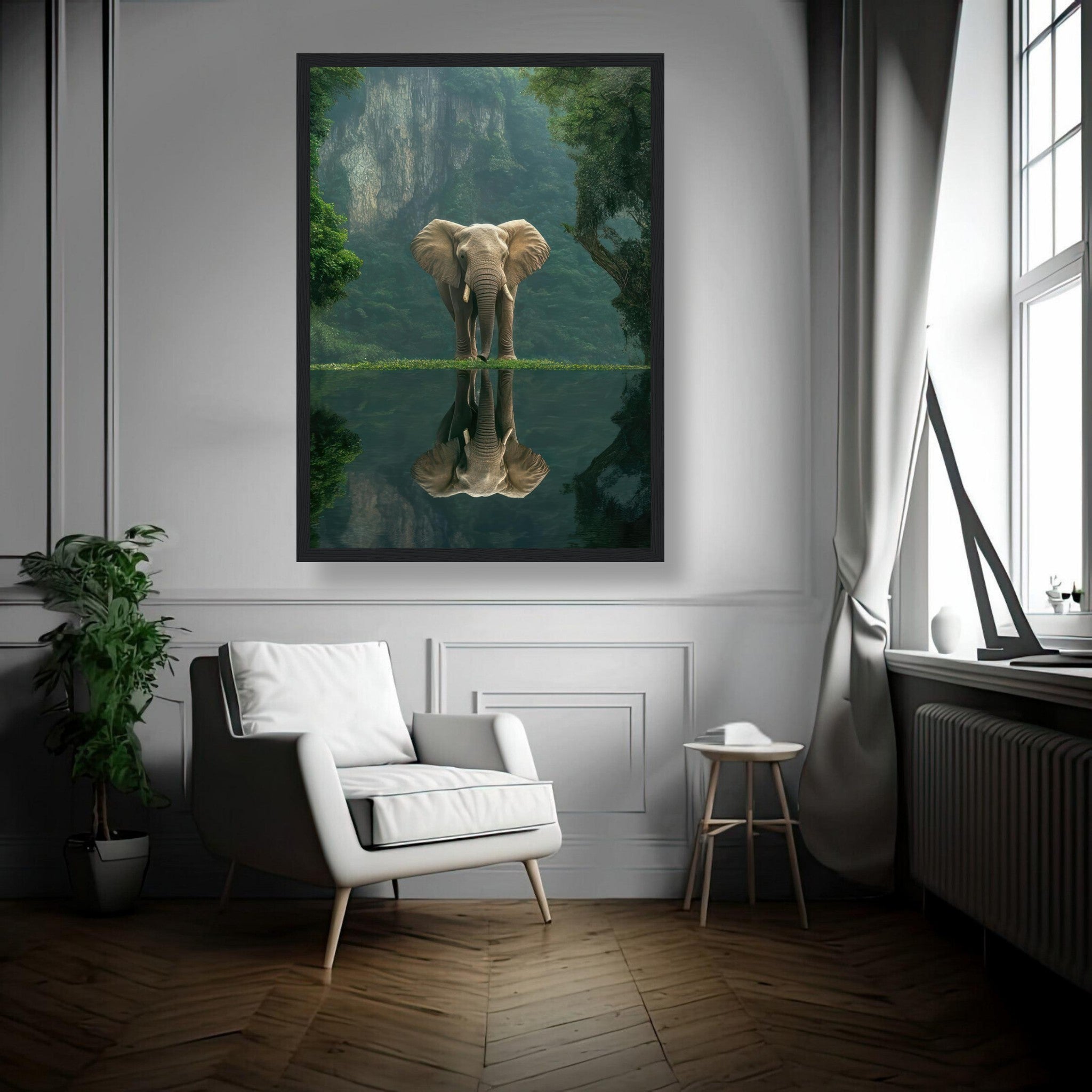 Framed print of a majestic elephant in a jungle, reflecting on serene water, enhancing interior decor.