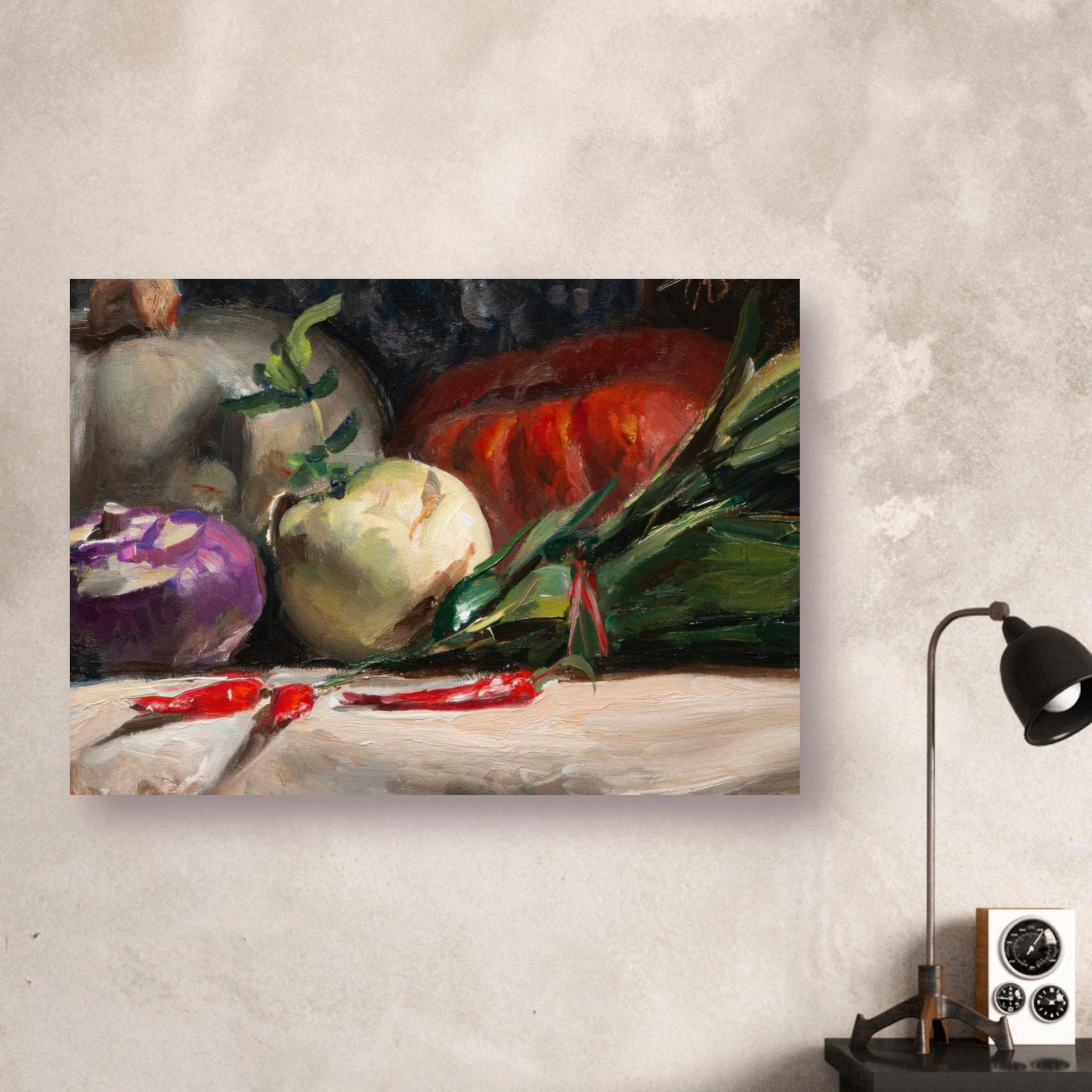 Oil painting poster featuring kohlrabi, pumpkins, and chilis, perfect for kitchen decor.