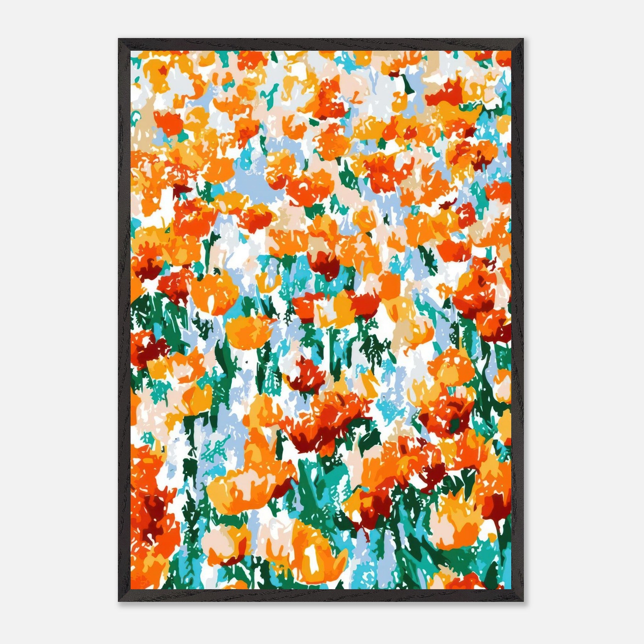 Vibrant abstract floral tulip garden artwork with orange and red blooms in a contemporary style.