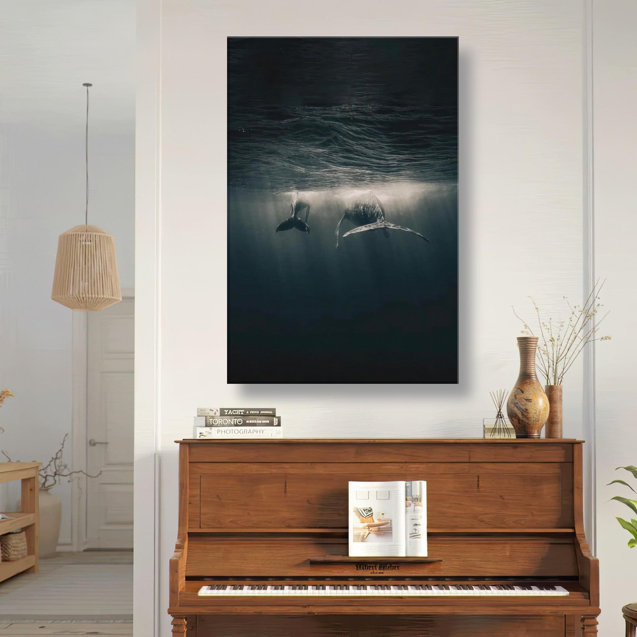 Whales swimming underwater in a serene ocean scene, beautifully captured in a canvas print for home decor.