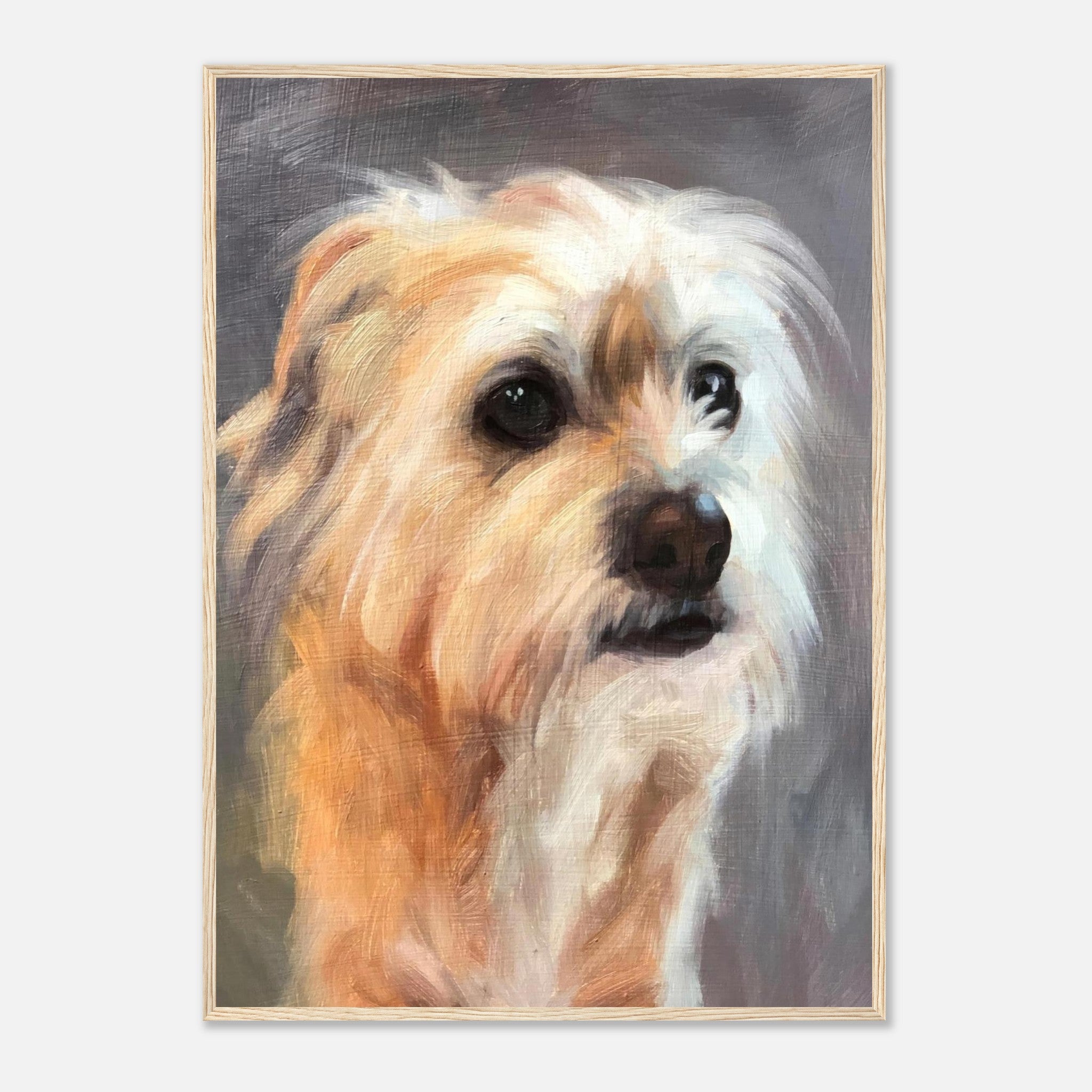 Terrier dog painting framed print showcasing detailed fur and expressive eyes, perfect for dog lovers.