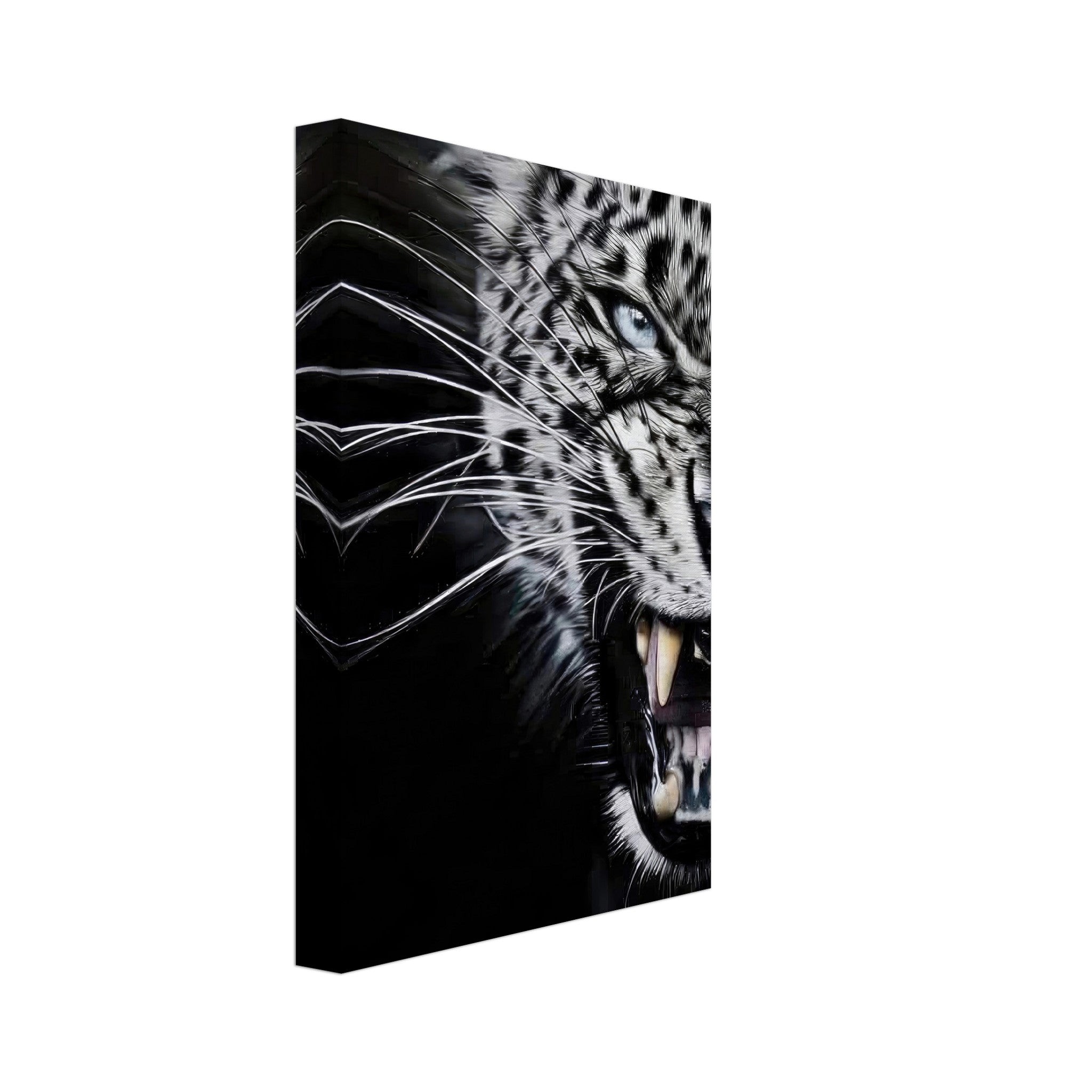 Close-up portrait of a fierce tiger with intense blue eyes and sharp fangs on a black background, canvas print.