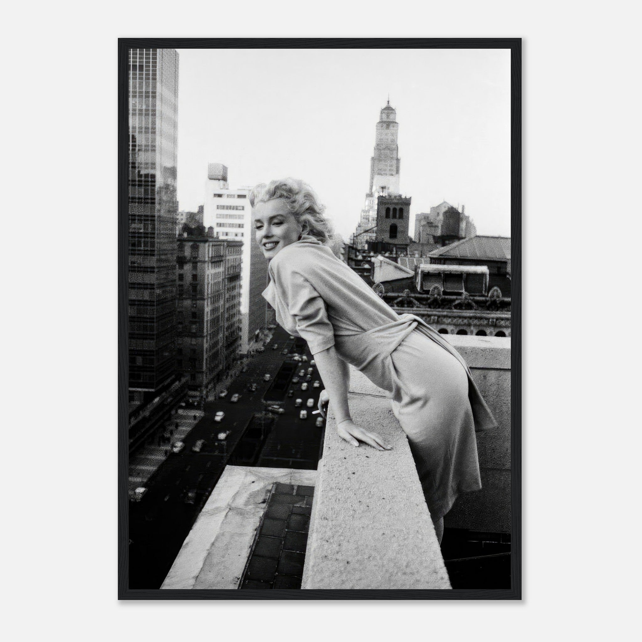 Marilyn Monroe framed print on New York rooftops, showcasing her charming smile against a 1950s urban backdrop.