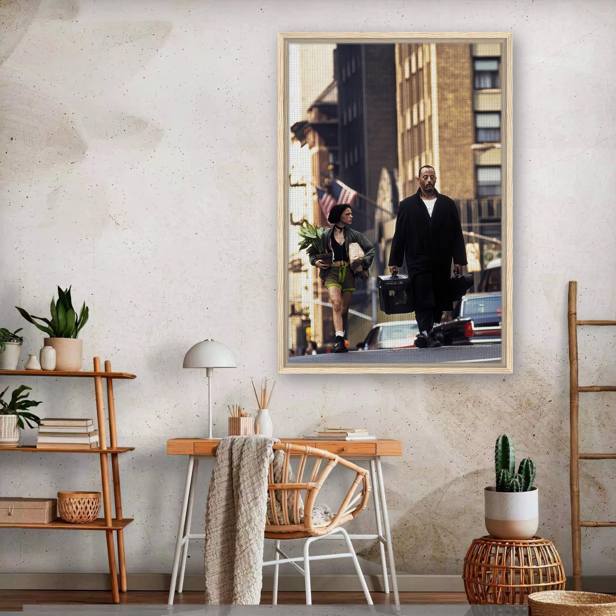 Framed canvas print of Jean Reno and Natalie Portman in Leon walking on a city street, showcasing classic film artistry.