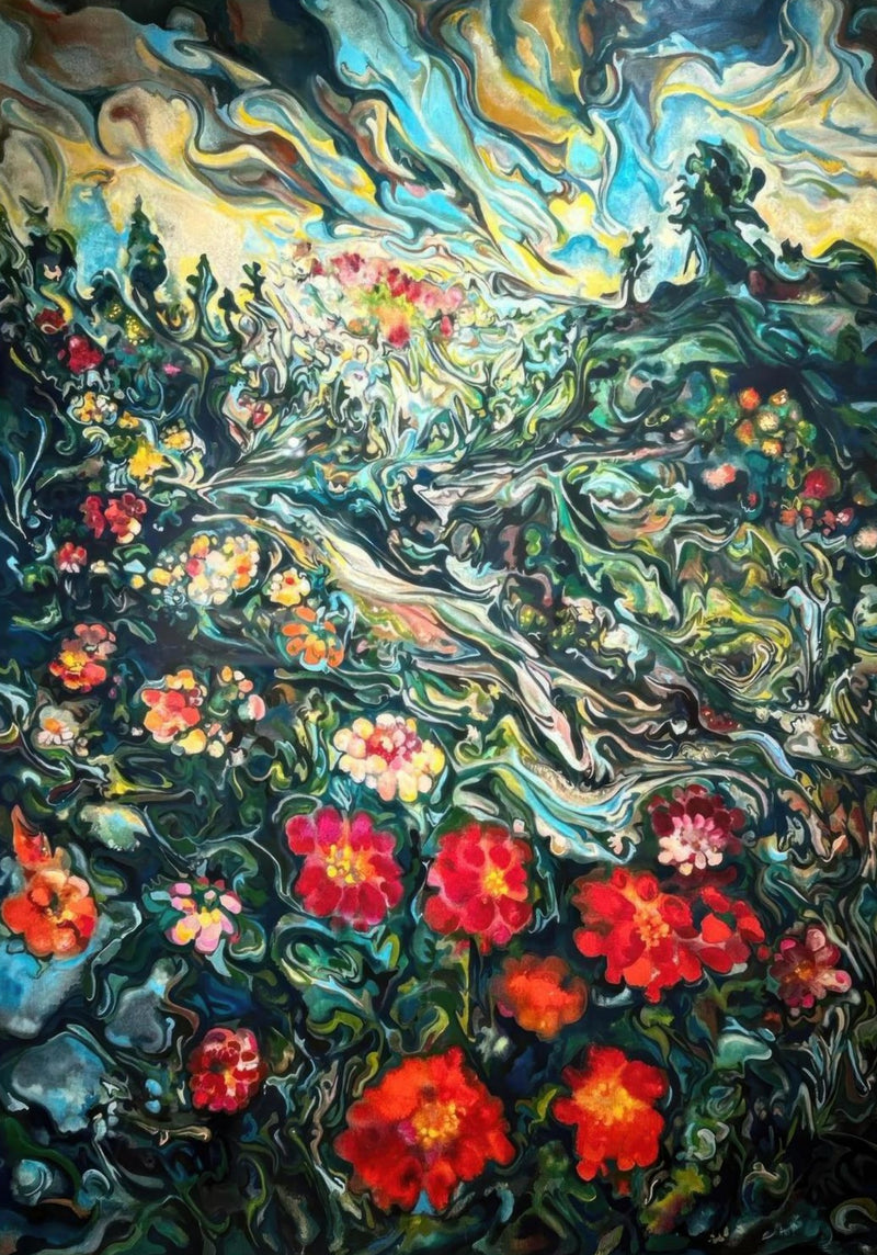 Pittura Astratta di Paesaggio Floreale