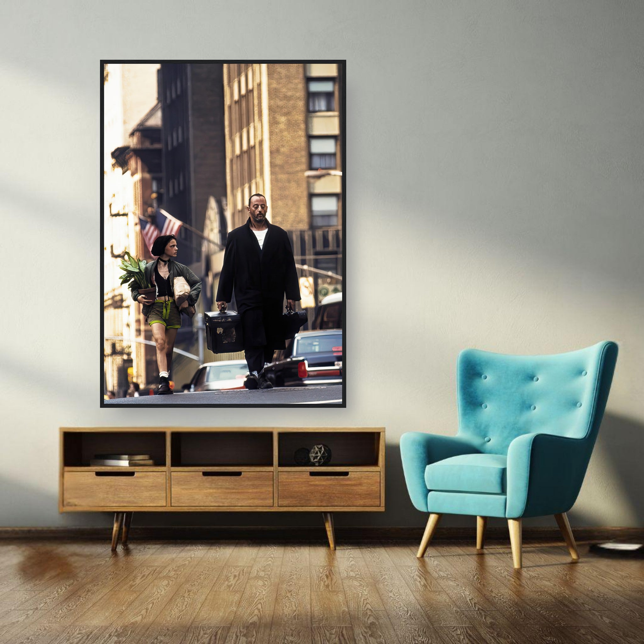 Jean Reno and Natalie Portman in Leon framed print, showcasing their iconic bond in a city backdrop.