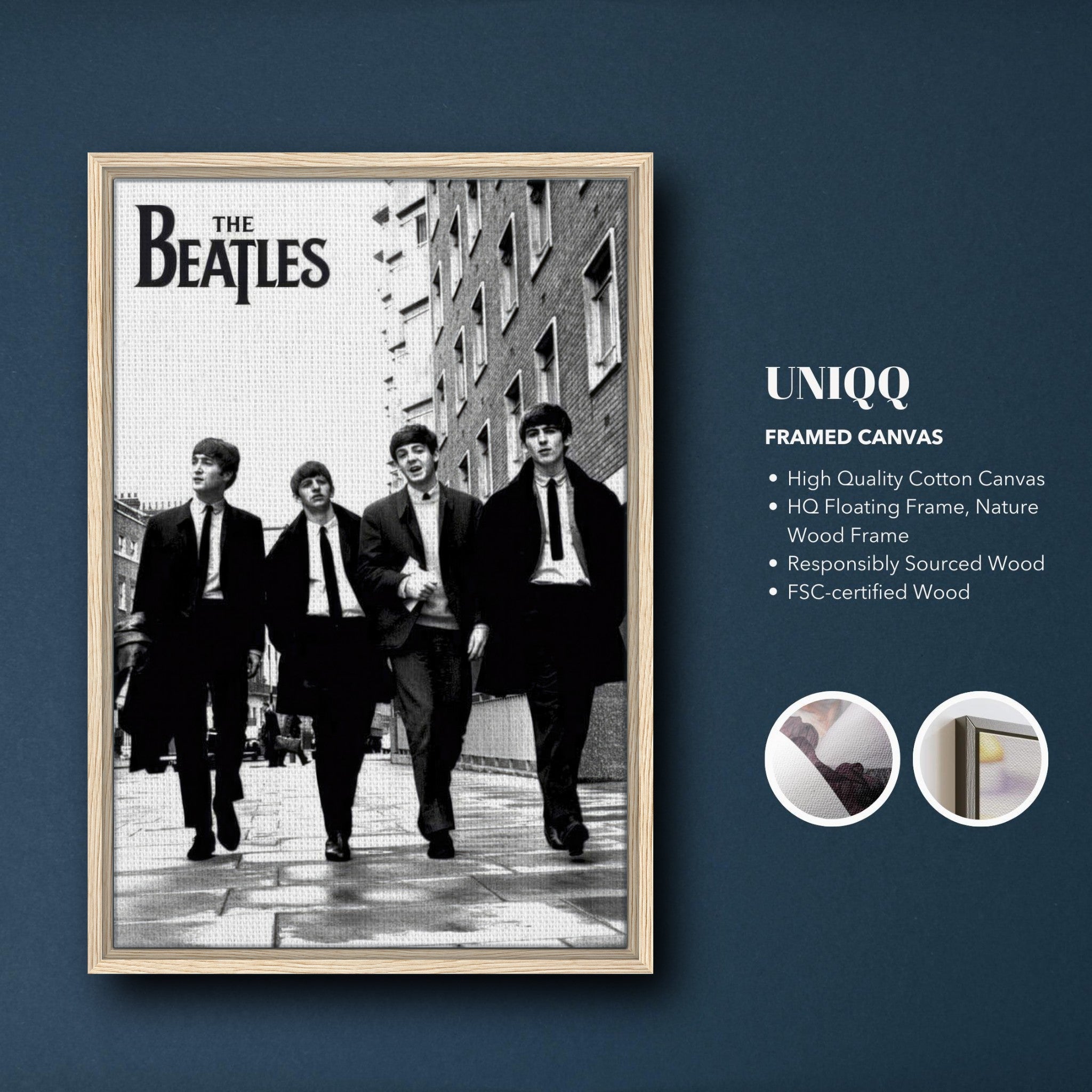 Framed canvas print of The Beatles walking in black suits, featuring high-quality cotton canvas and a nature wood frame.