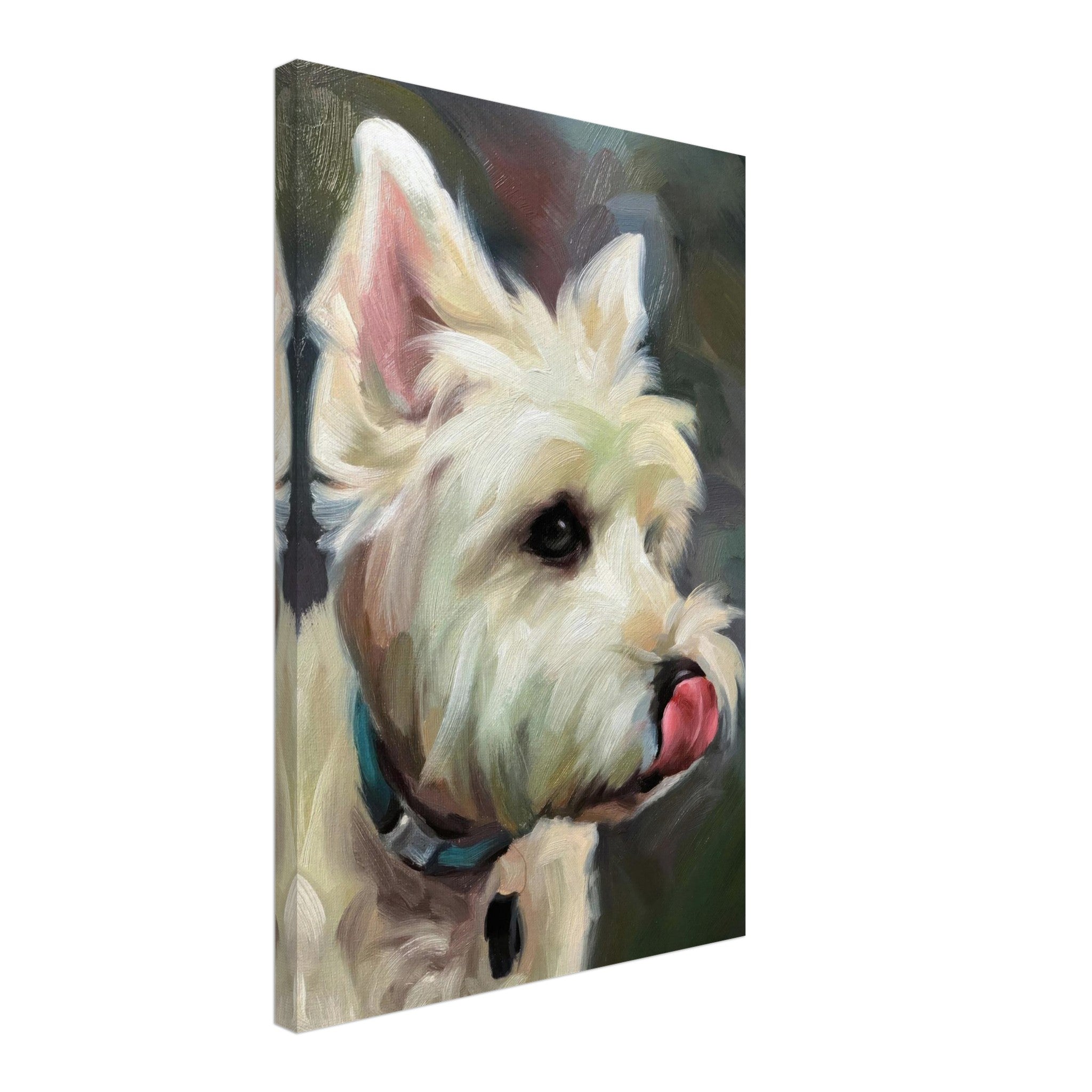 Lifelike painting of a West Highland White Terrier with a playful tongue-out pose on canvas.