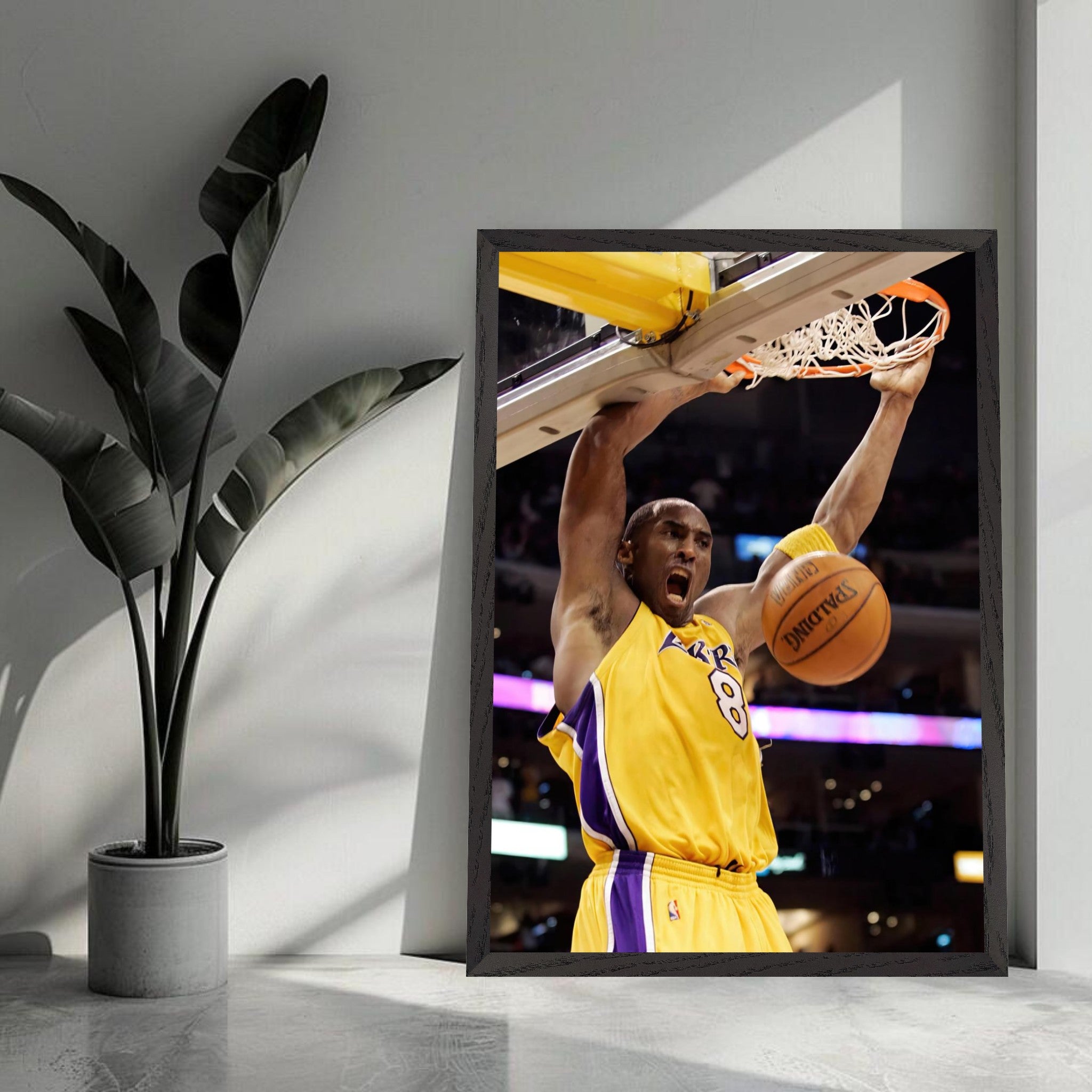 Kobe Bryant iconic slam dunk fine art print showcasing his intensity and skill. Museum-quality Giclée art for basketball lovers.