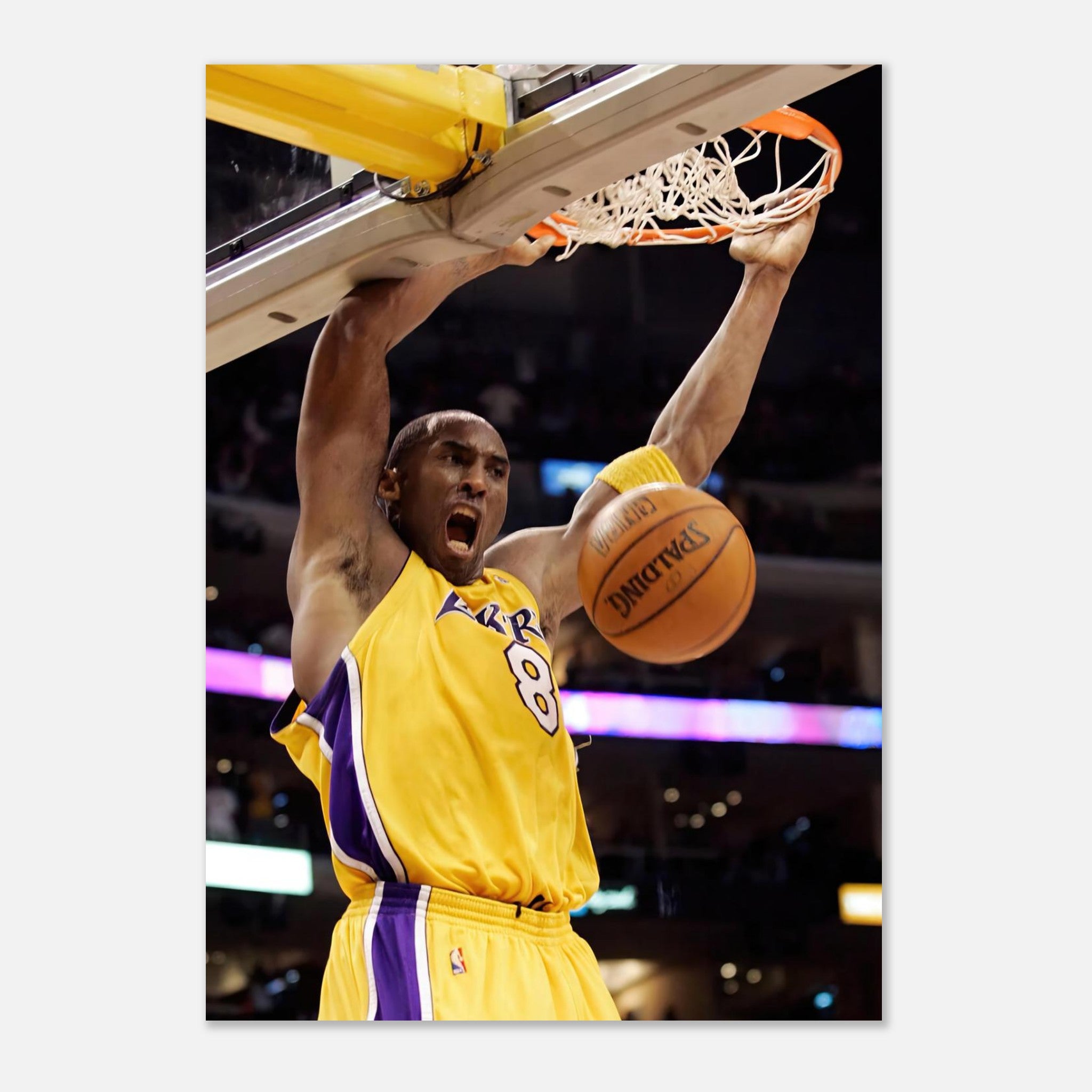 Kobe Bryant iconic slam dunk poster in No. 8 Lakers jersey, showcasing his electrifying basketball skill.