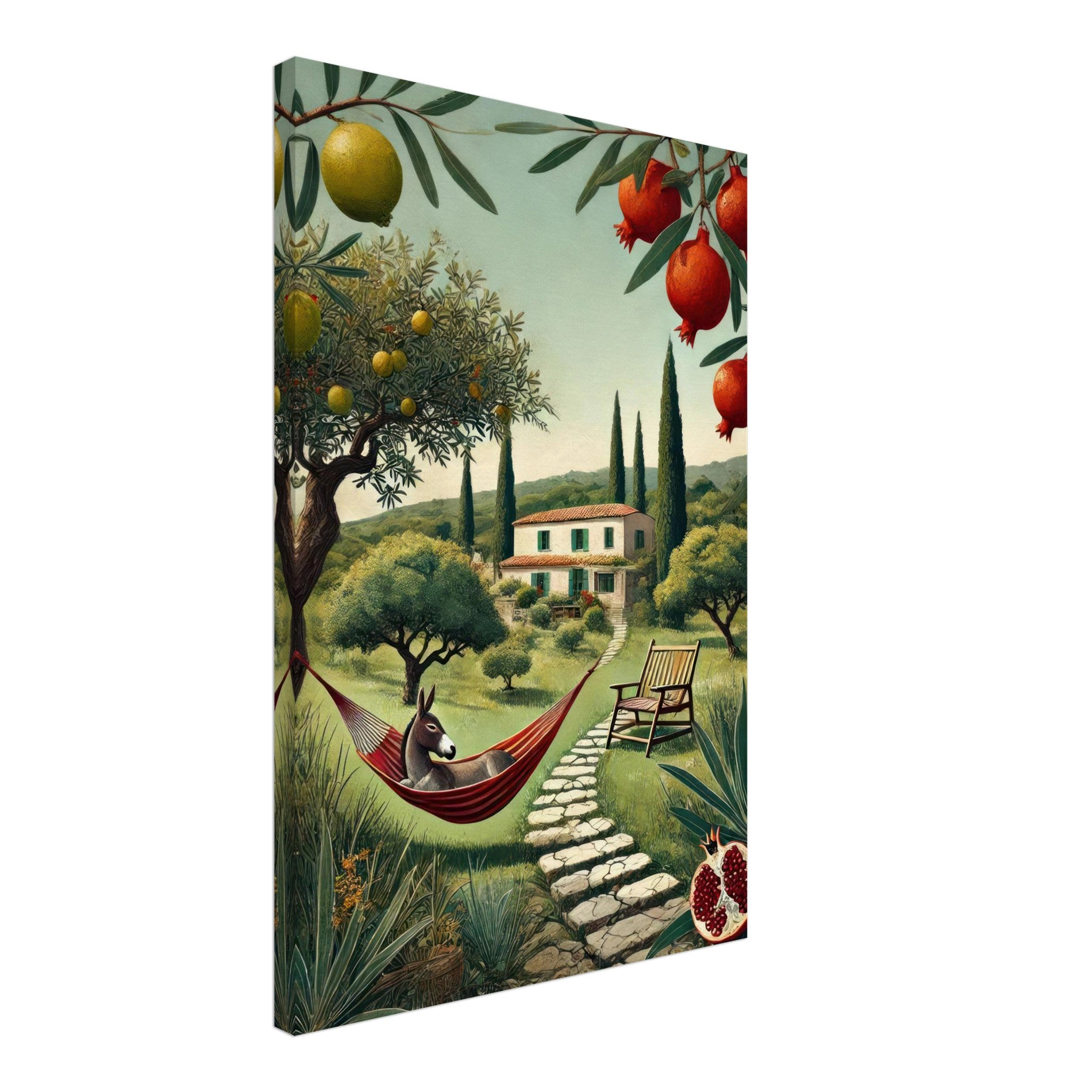 Mediterranean rural landscape canvas print featuring a hammock, villa, and lush greenery with fruit trees.