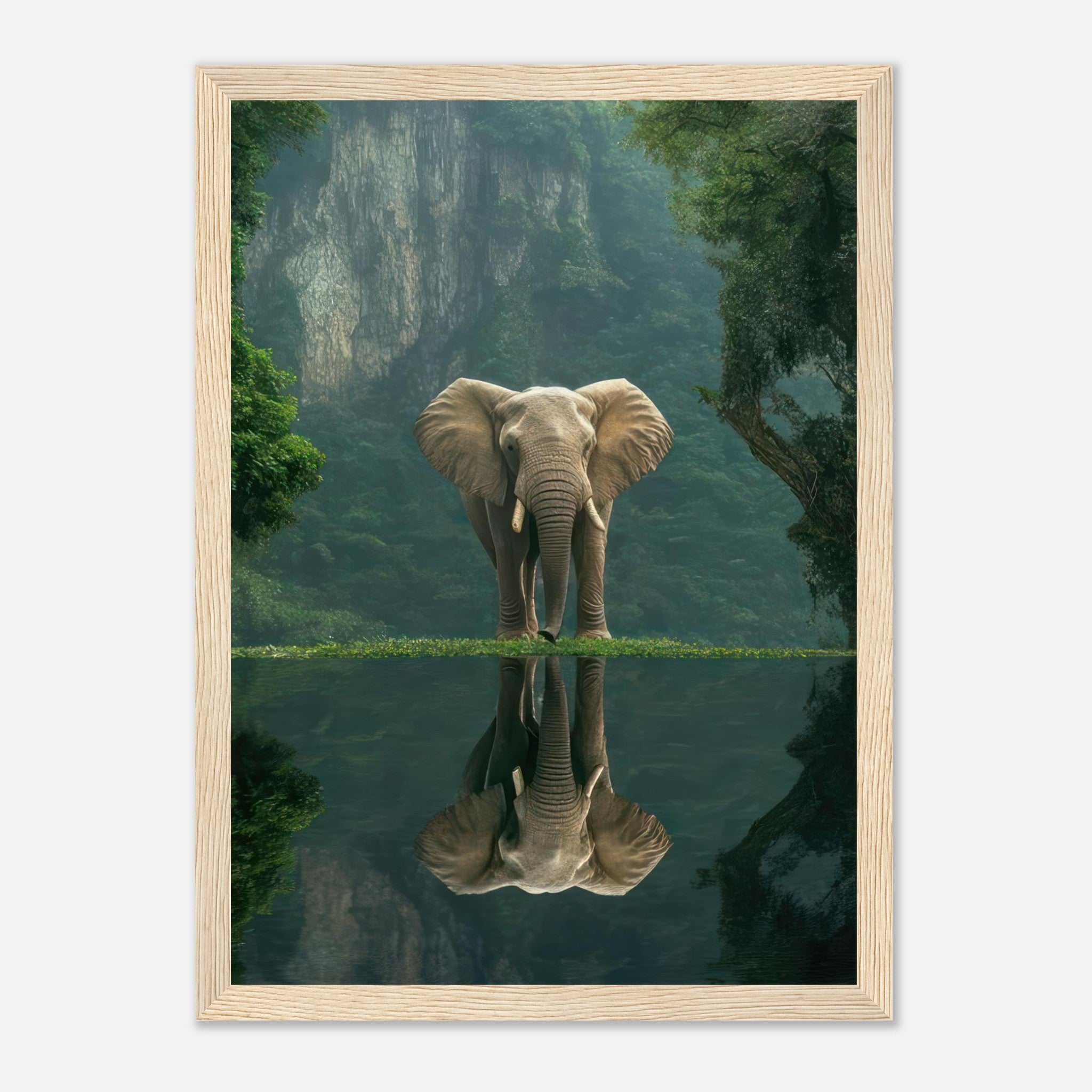 Framed print of a majestic elephant reflecting in water, surrounded by lush forest greenery, showcasing nature's tranquility.