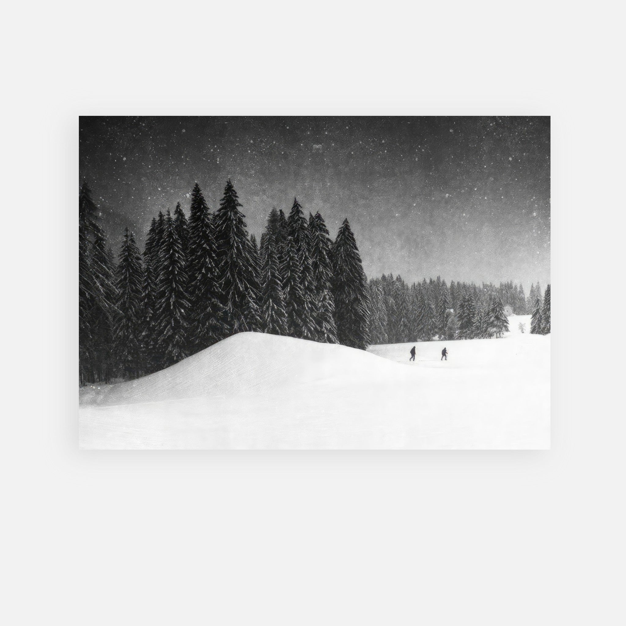 Winter Crossing Poster showcasing snow-covered landscape and tall evergreens under a starry night sky.