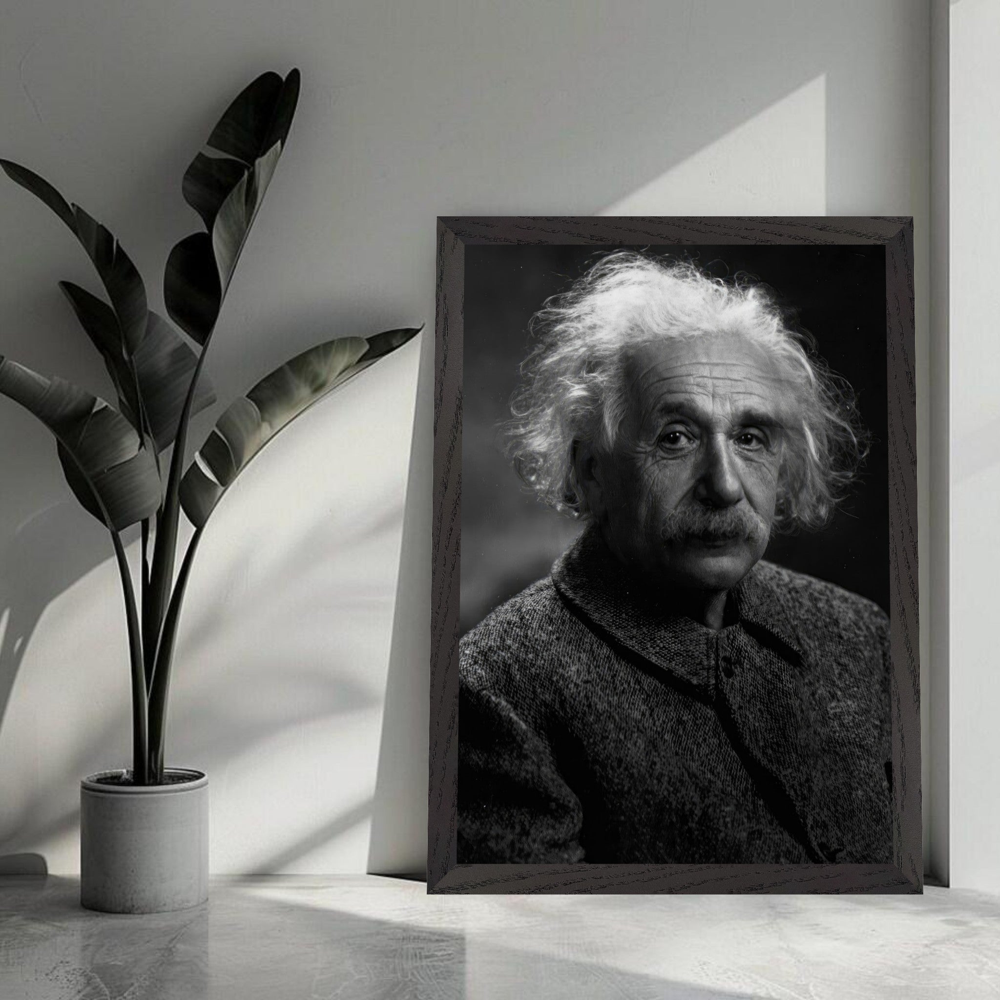Vintage framed portrait of Albert Einstein, capturing his wisdom in a stunning black-and-white design.