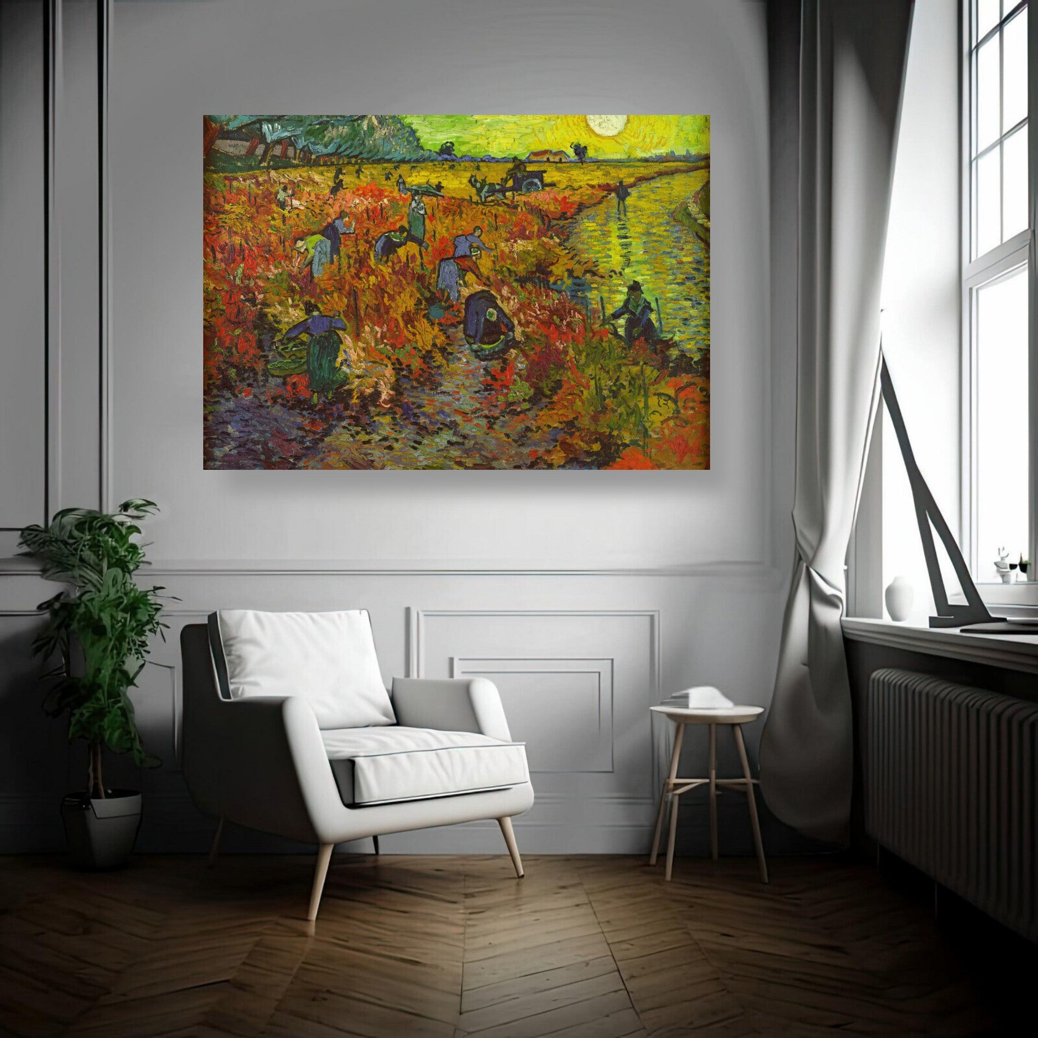 The Red Vineyard by Van Gogh metal print displayed in a modern living room with soft natural light.