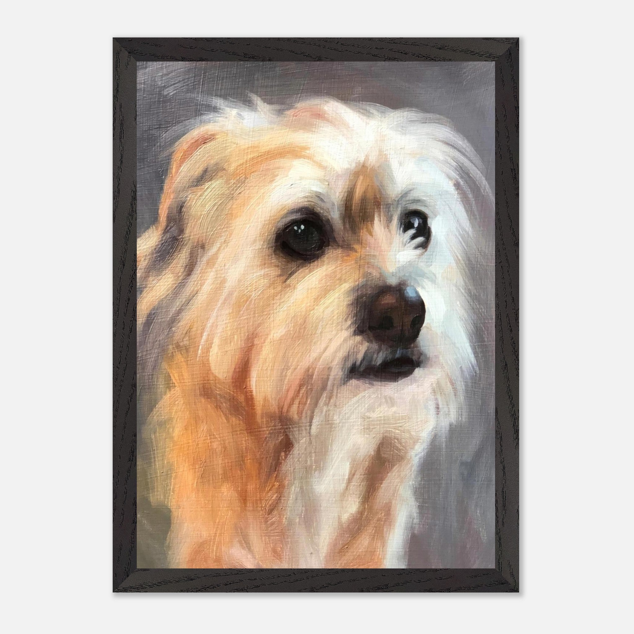 Detailed portrait of a terrier dog painting in a vintage framed print, showcasing soft brushstrokes and expressive eyes.