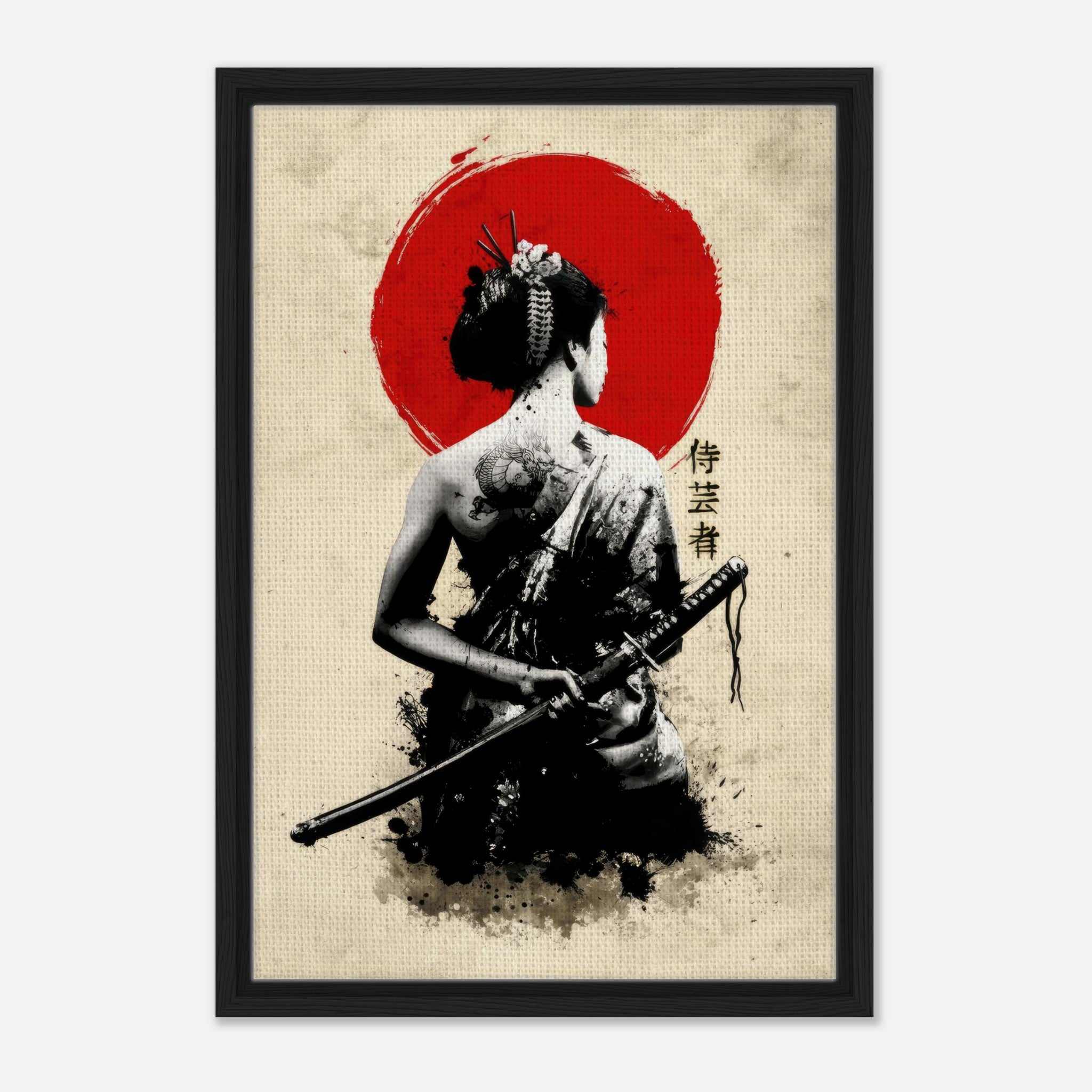 The Samurai Geisha framed canvas art featuring a woman with a katana against a red sun backdrop, symbolizing strength and grace.