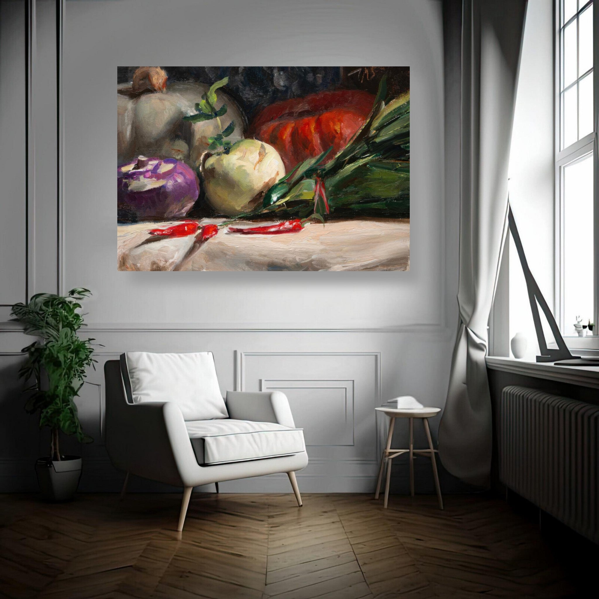 Colorful metal print of kohlrabi, pumpkins, and chilis displayed in a modern kitchen setting.