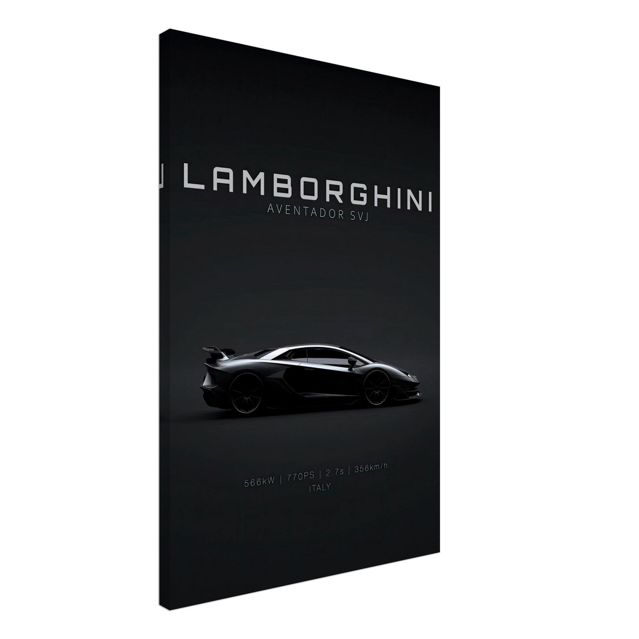 Lamborghini Aventador SVJ canvas art showcasing sleek silhouette on minimalist black background.