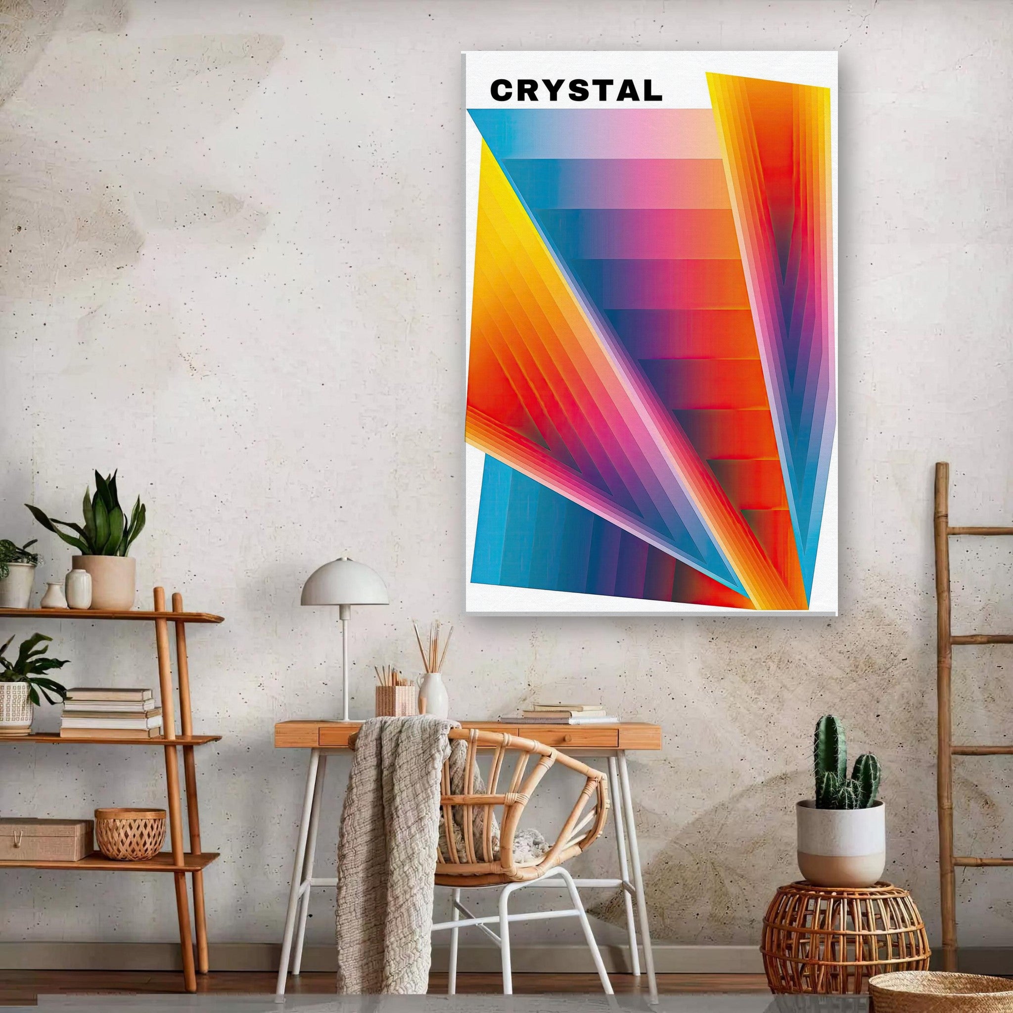 Crystal Abstract Art Canvas Print with vibrant geometric shapes in a modern interior setting.