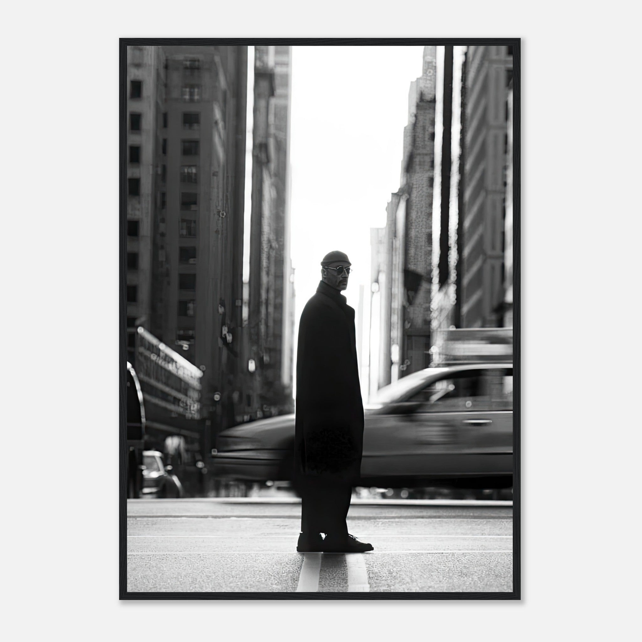 Jean Reno as Leon in New York City, black-and-white framed print showcasing urban sophistication.