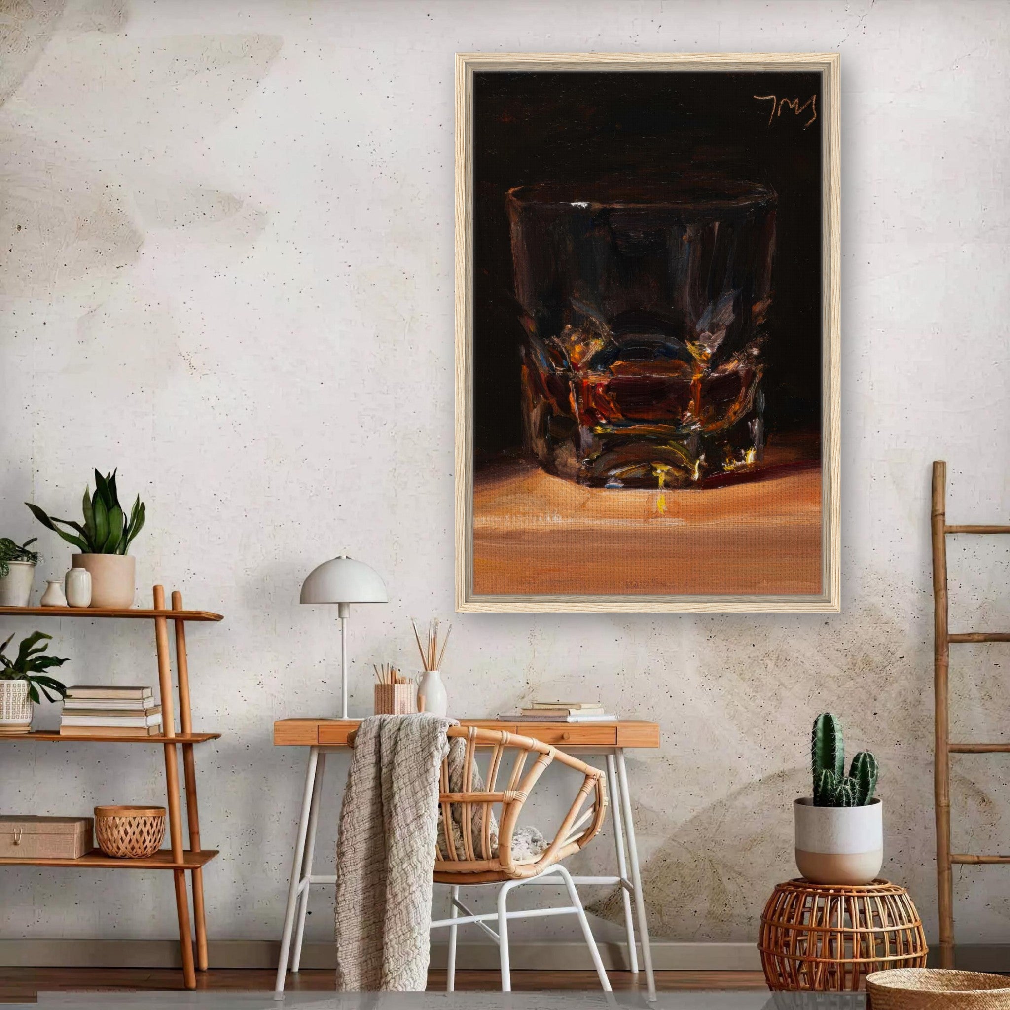 Whiskey framed canvas print featuring a glass with rich amber whiskey, perfect for kitchen or bar decor.