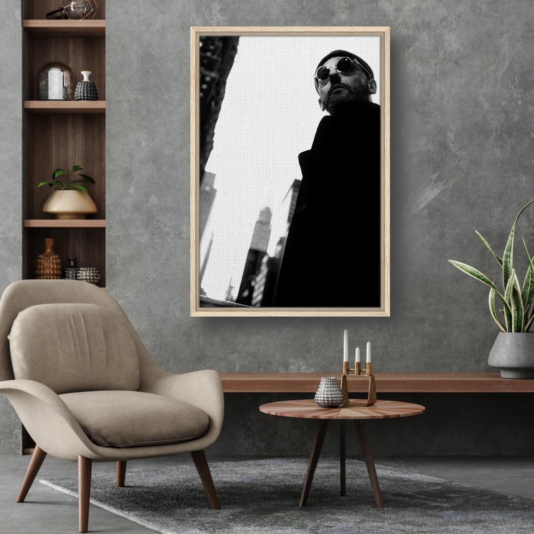 Framed black-and-white canvas print of Jean Reno in a stylish office setting, showcasing cinematic elegance.