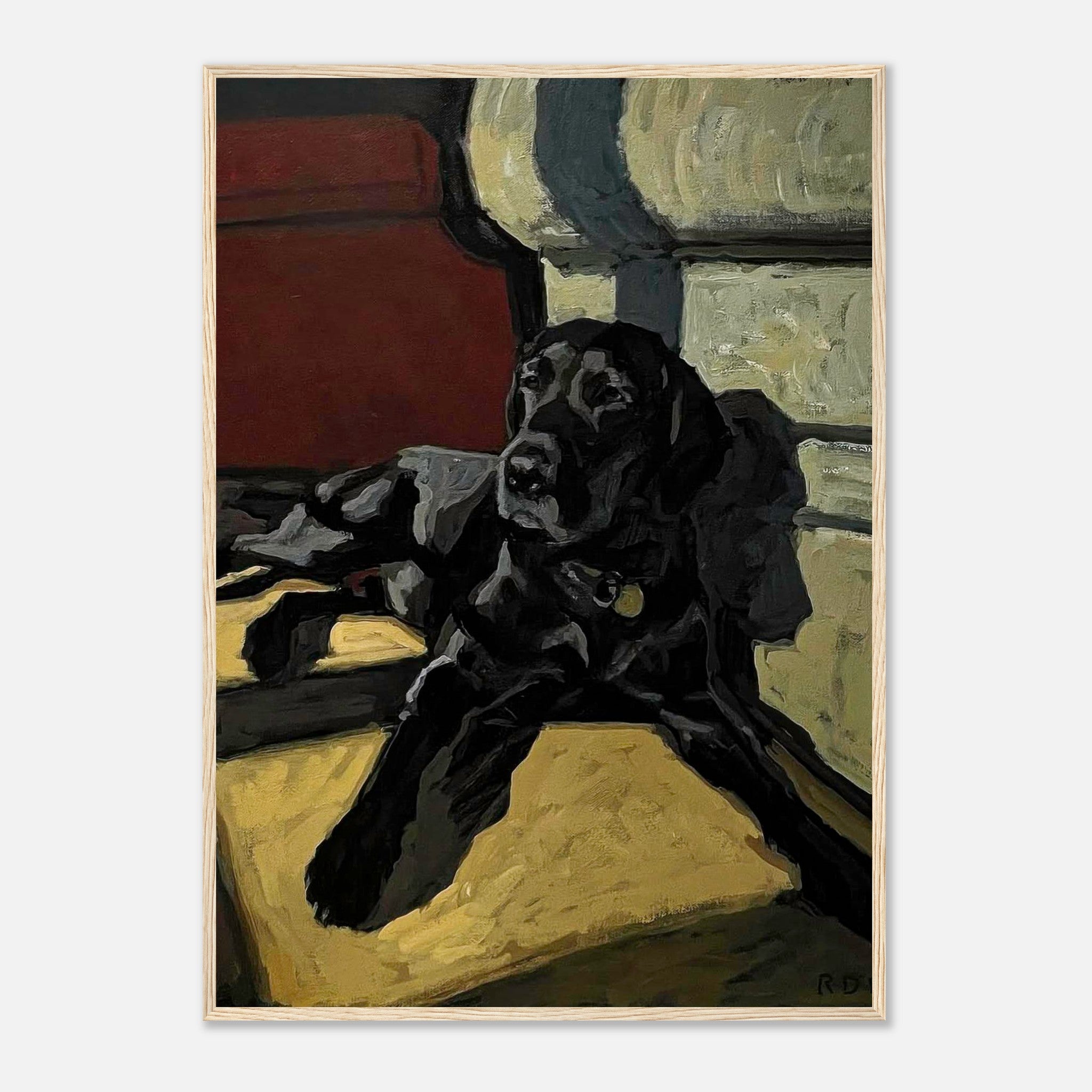Black Labrador dog painting framed print, showcasing a loyal dog relaxing in a cozy setting with rich earthy tones.