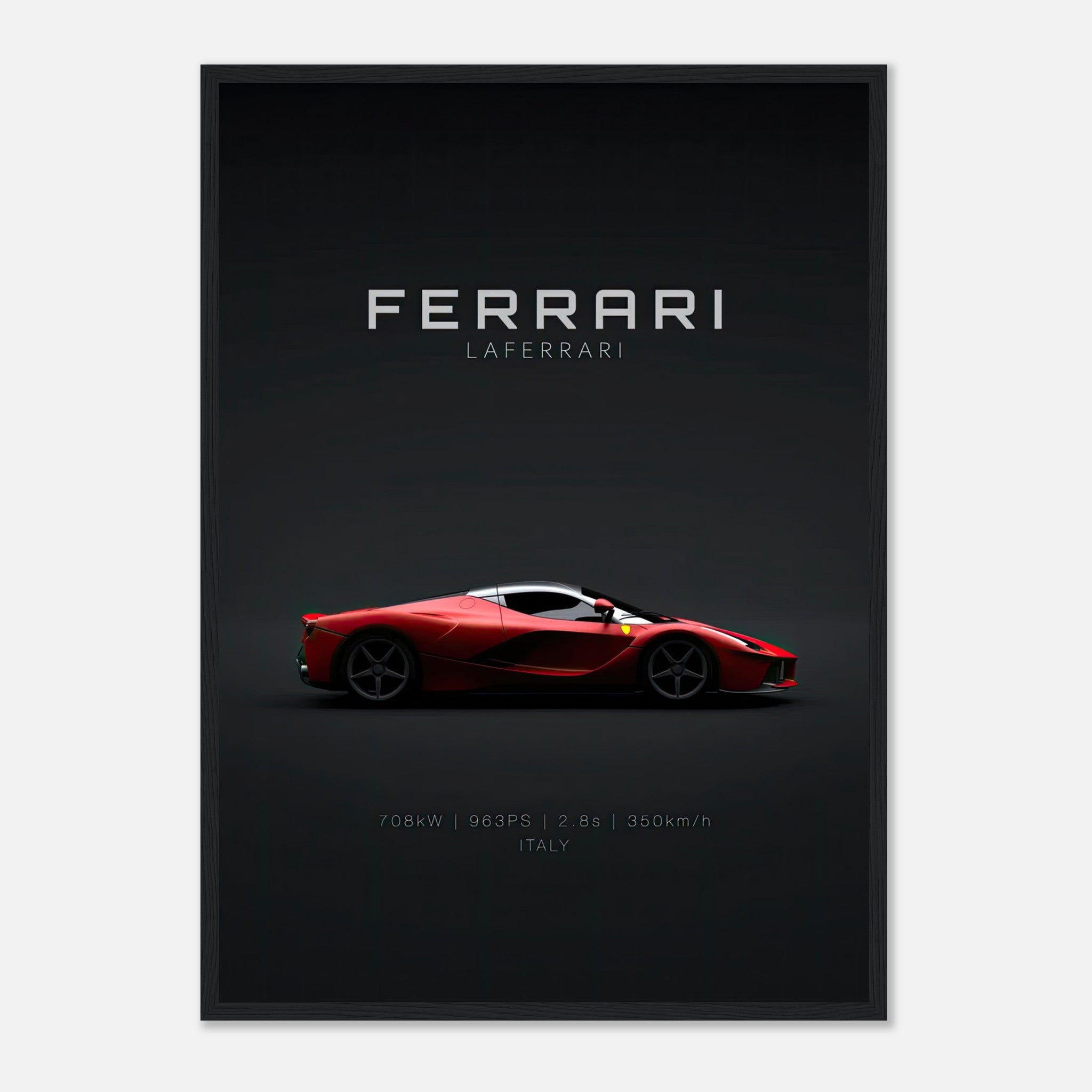Ferrari Laferrari framed poster showcasing the iconic red hypercar against a dark background.