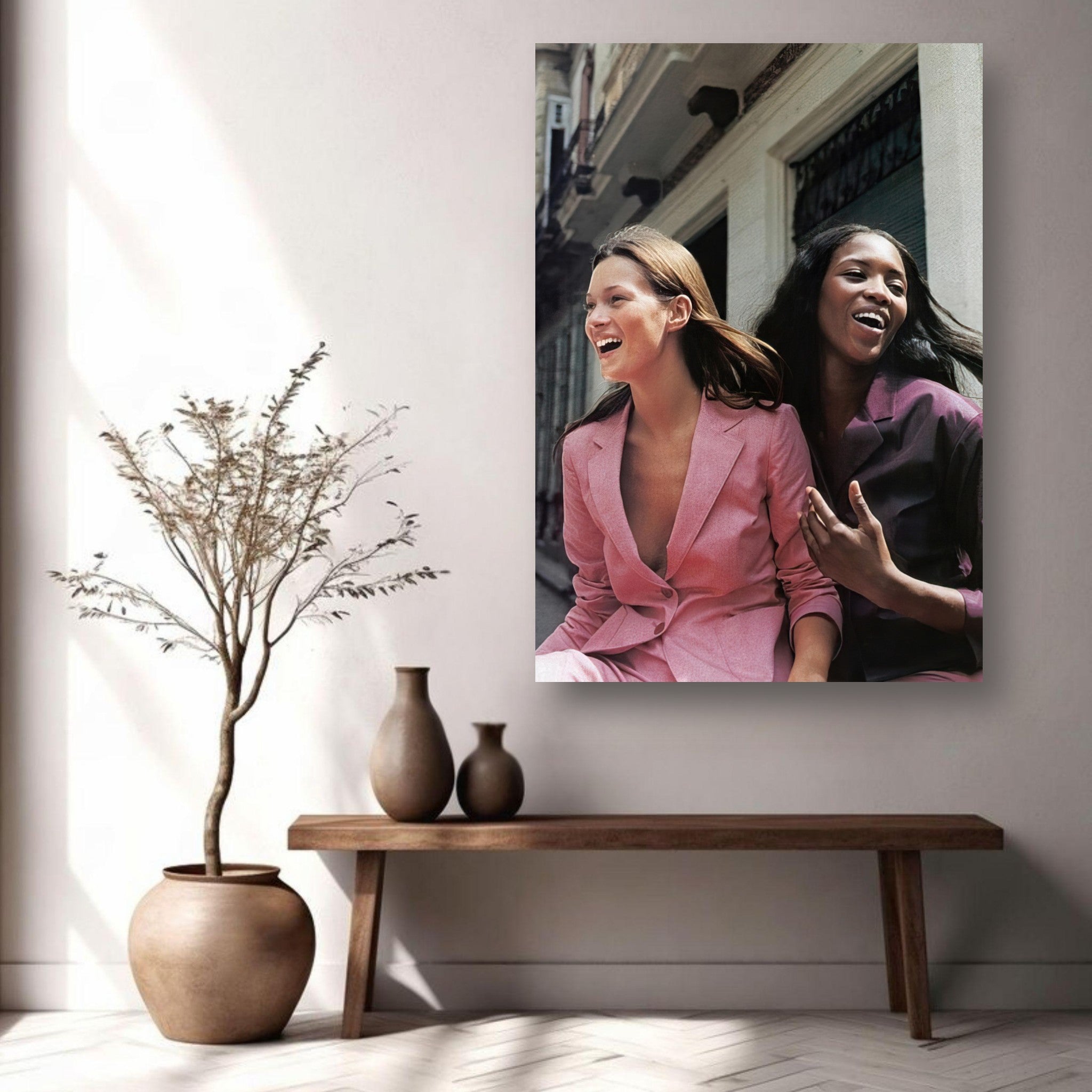 Naomi Campbell and Kate Moss metal print capturing friendship and fashion elegance in a chic interior setting.