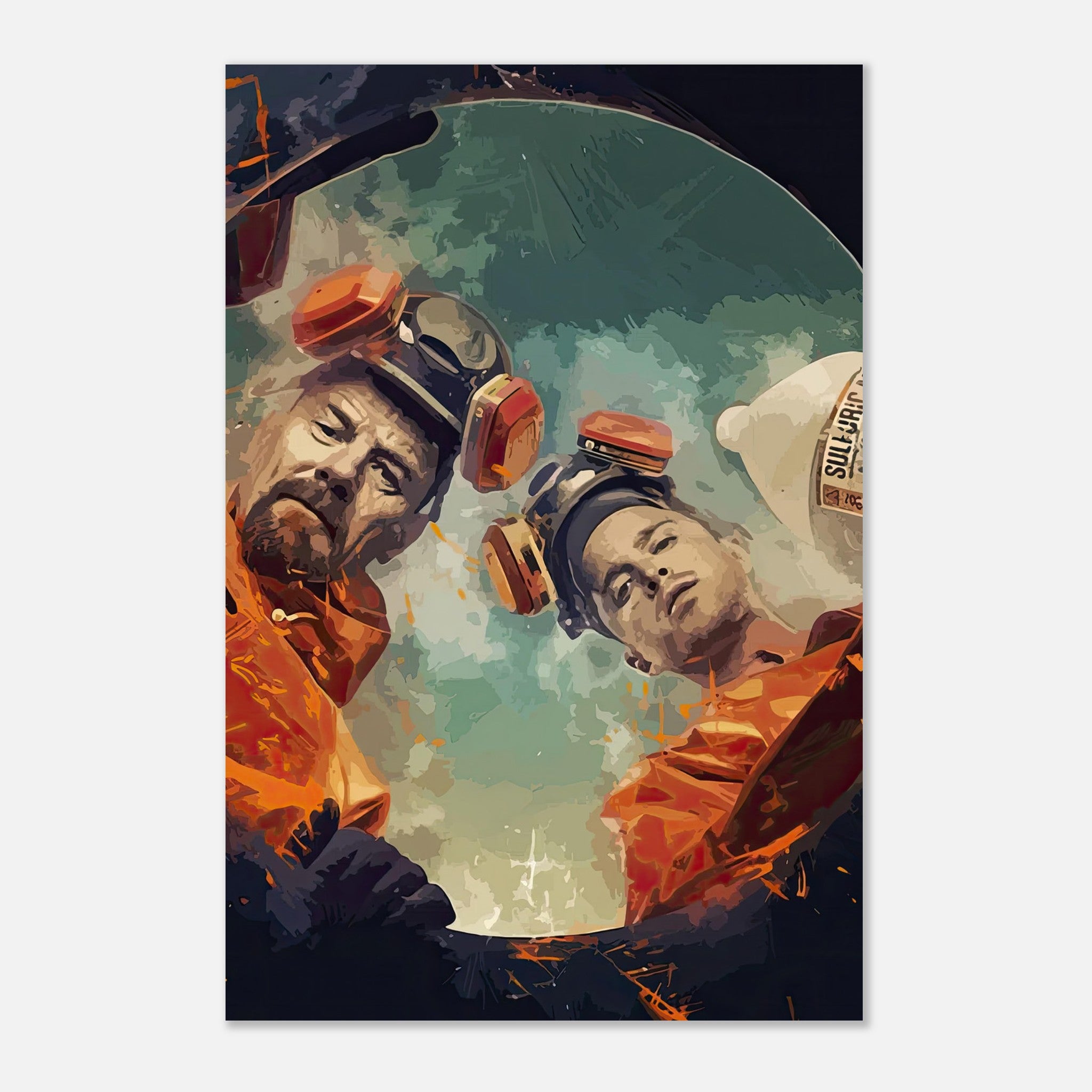 Breaking Bad metal print featuring Walter White and Jesse Pinkman in vivid orange hazmat suits looking down a barrel.