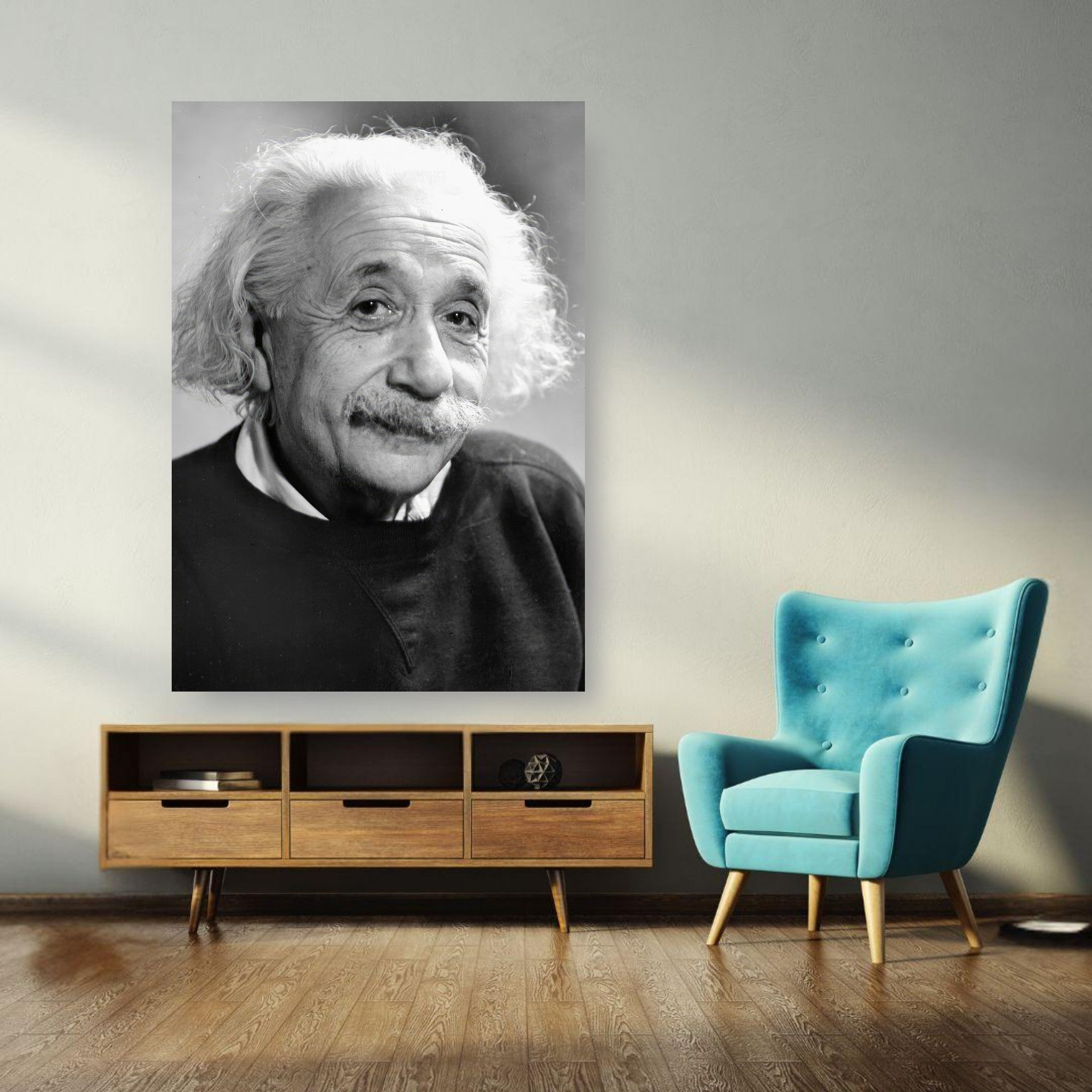 Black-and-white poster of Albert Einstein in 1946, showcasing his thoughtful expression and iconic wild hair.