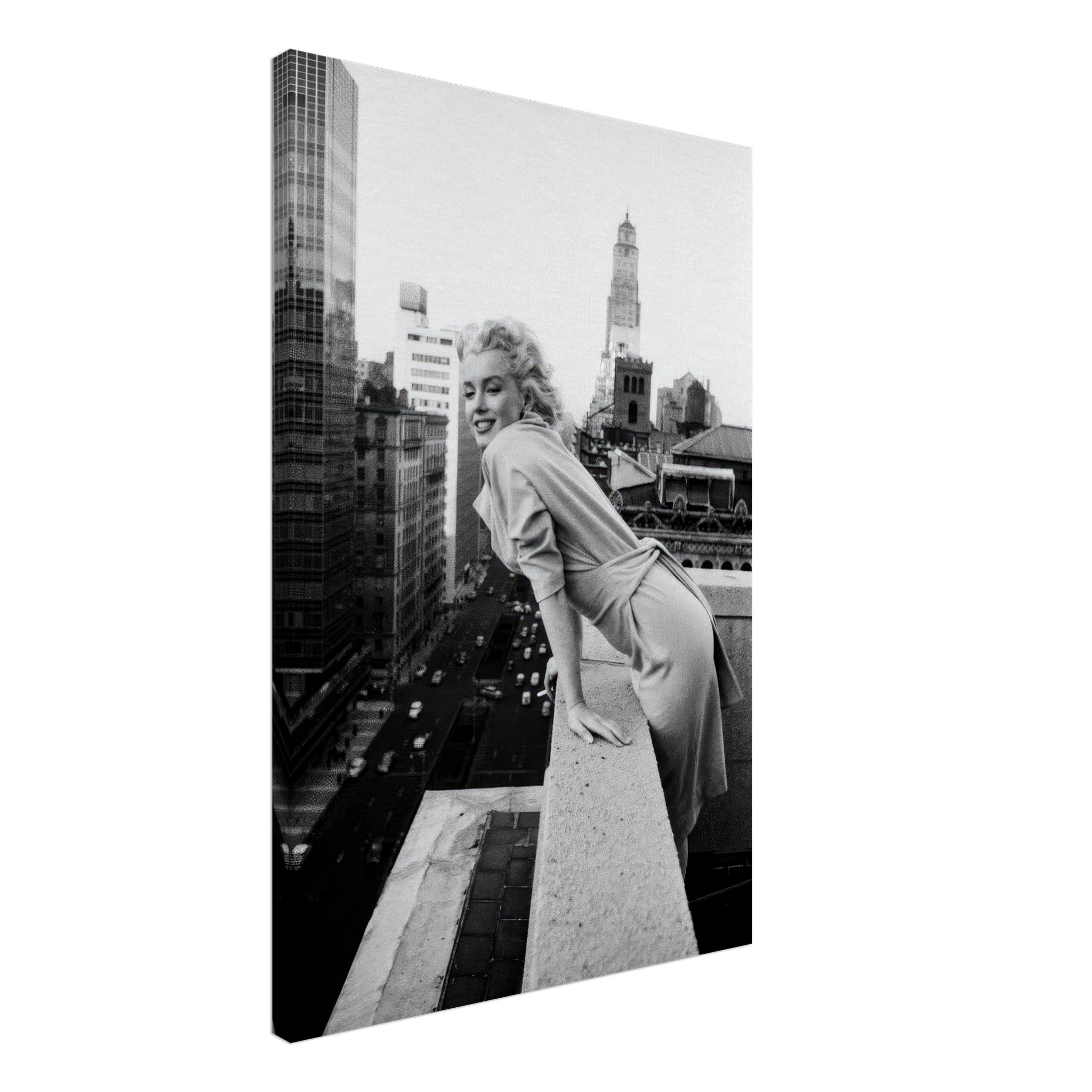 Marilyn Monroe on rooftops of New York, iconic black-and-white canvas art, vintage Hollywood glamour.