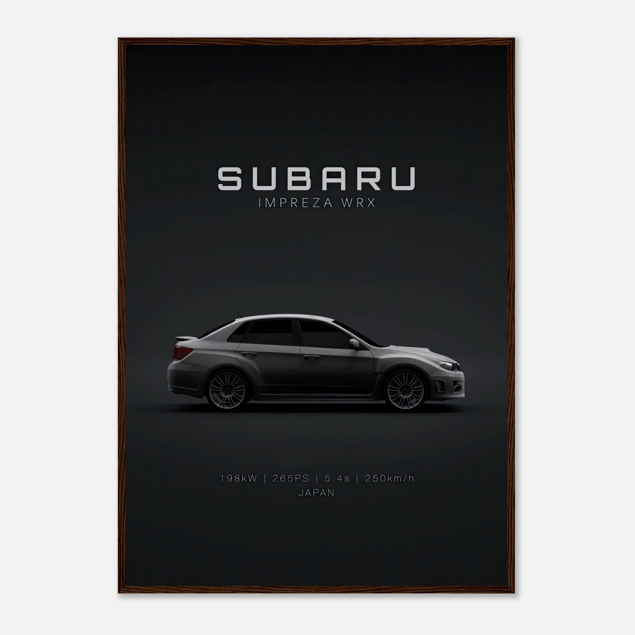 Framed poster showcasing Subaru Impreza WRX with sleek design and performance details, ideal for car enthusiasts.