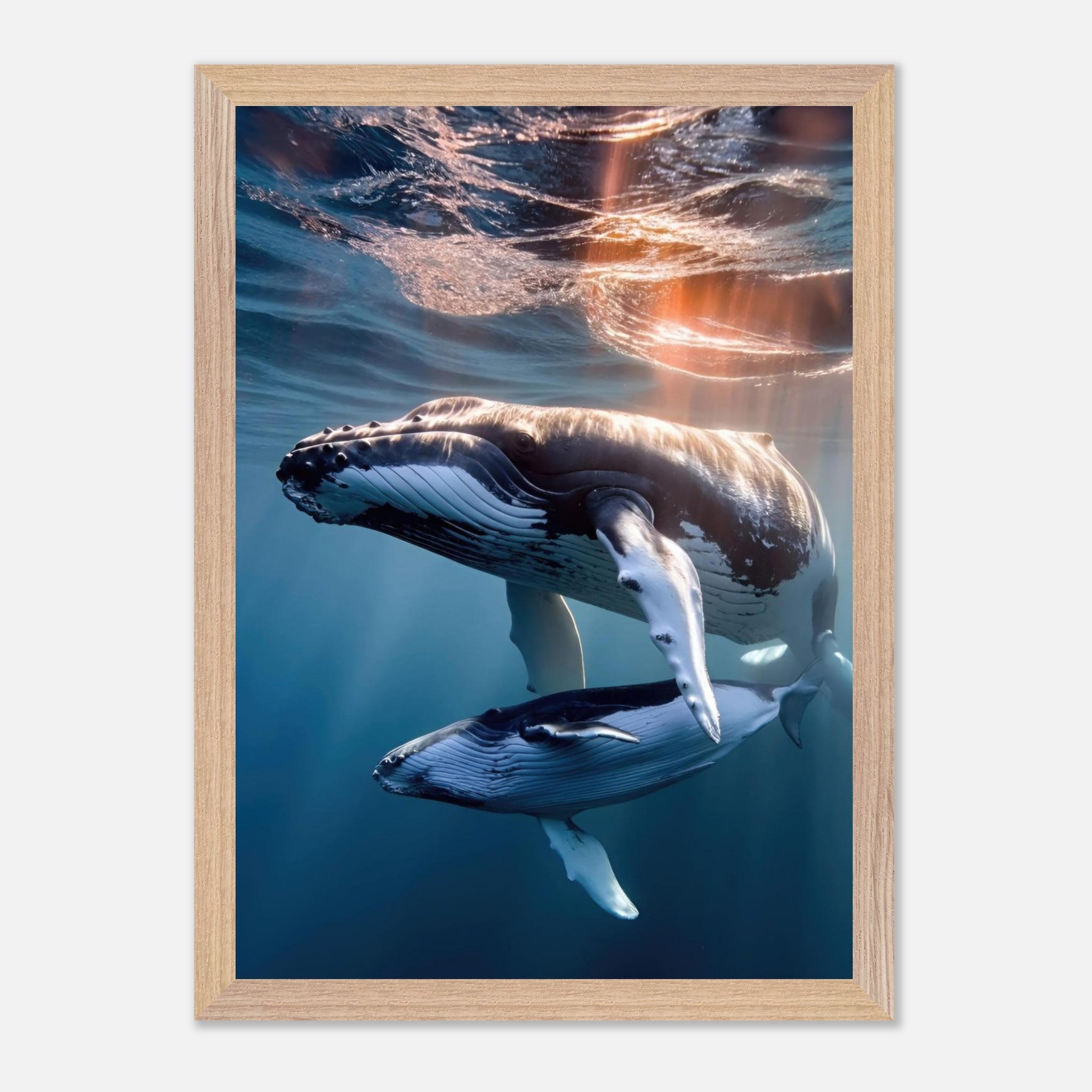 Underwater photography vintage print of a humpback whale and calf swimming gracefully in the ocean.