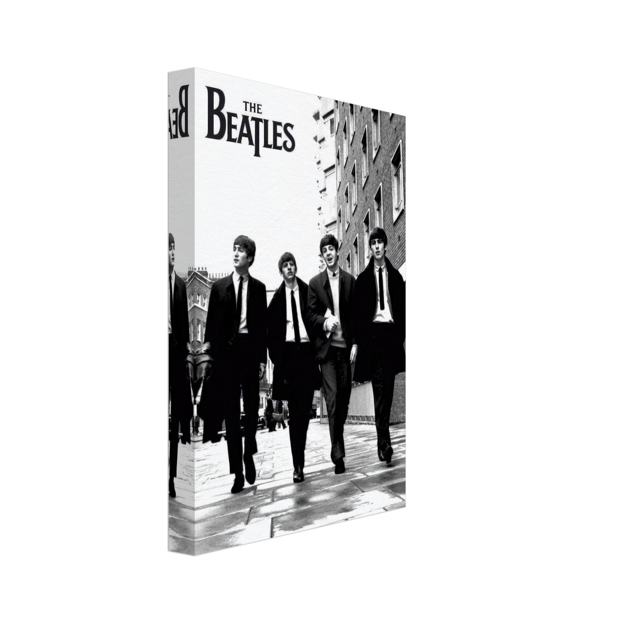 The Beatles Cover Canvas Print showcasing the iconic band in black and white, walking together in stylish suits.