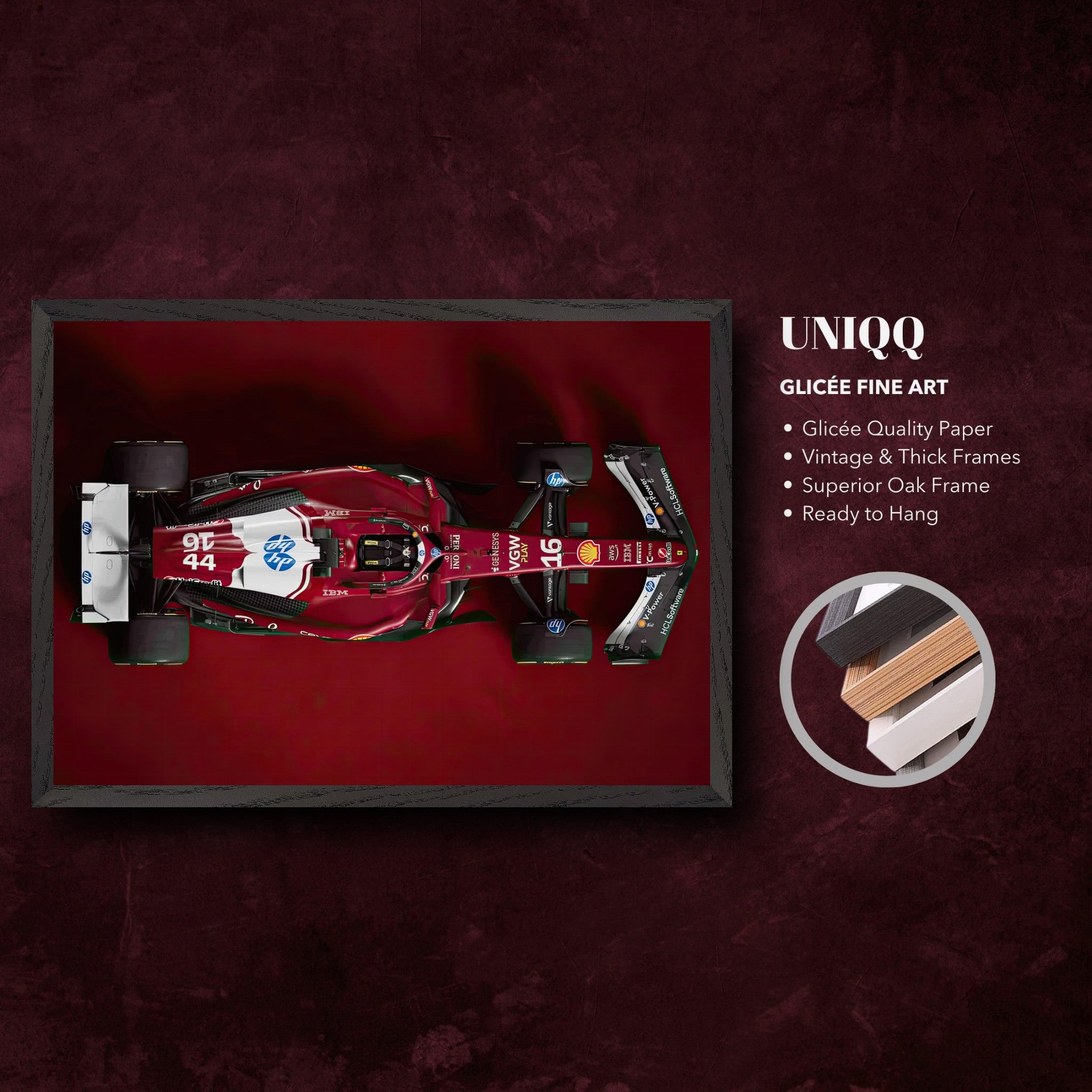 Ferrari F1 2025 Giclée fine art print displayed in a vintage oak frame with detailed information label