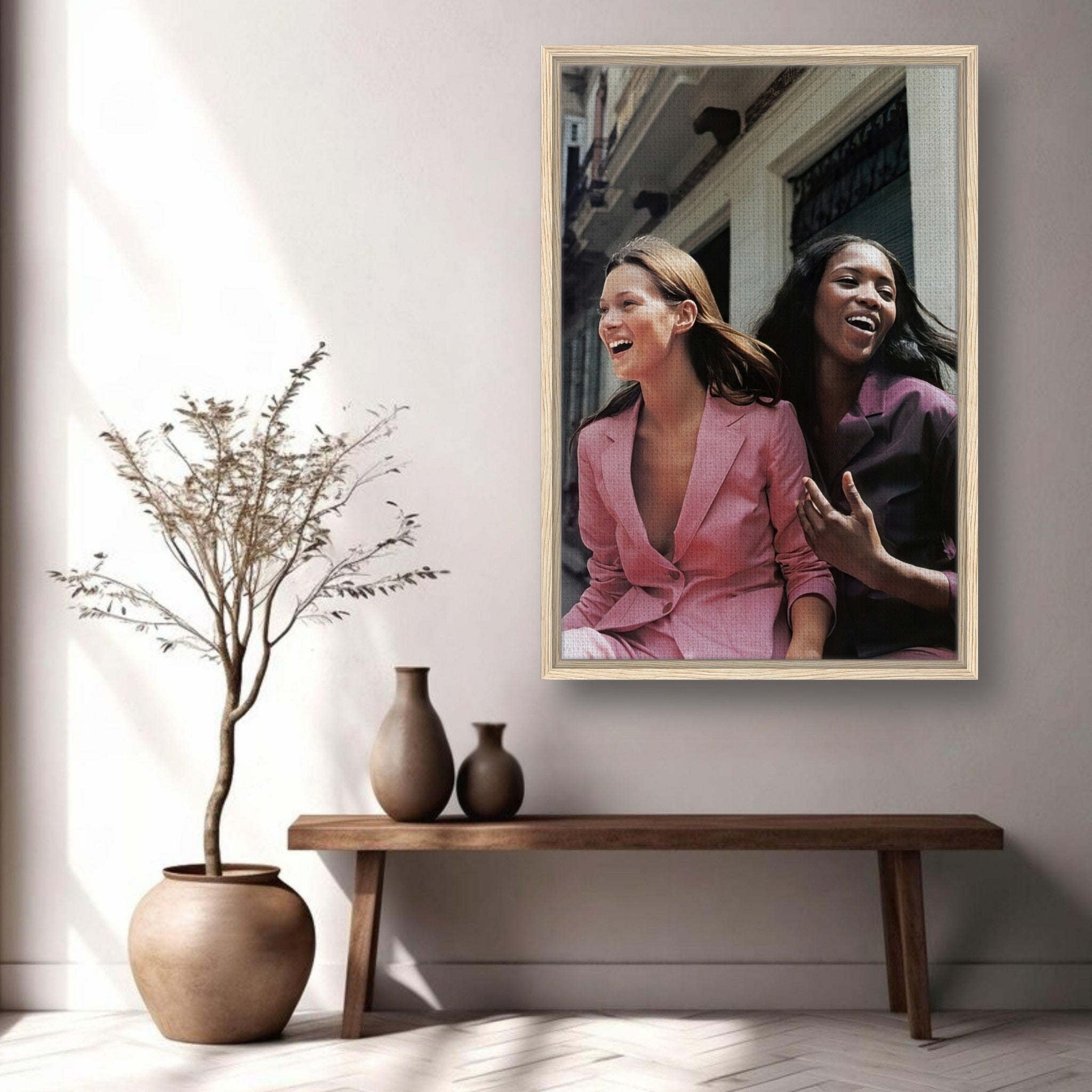 Naomi Campbell and Kate Moss framed canvas print, showcasing iconic supermodels in elegant fashion, perfect for stylish decor.