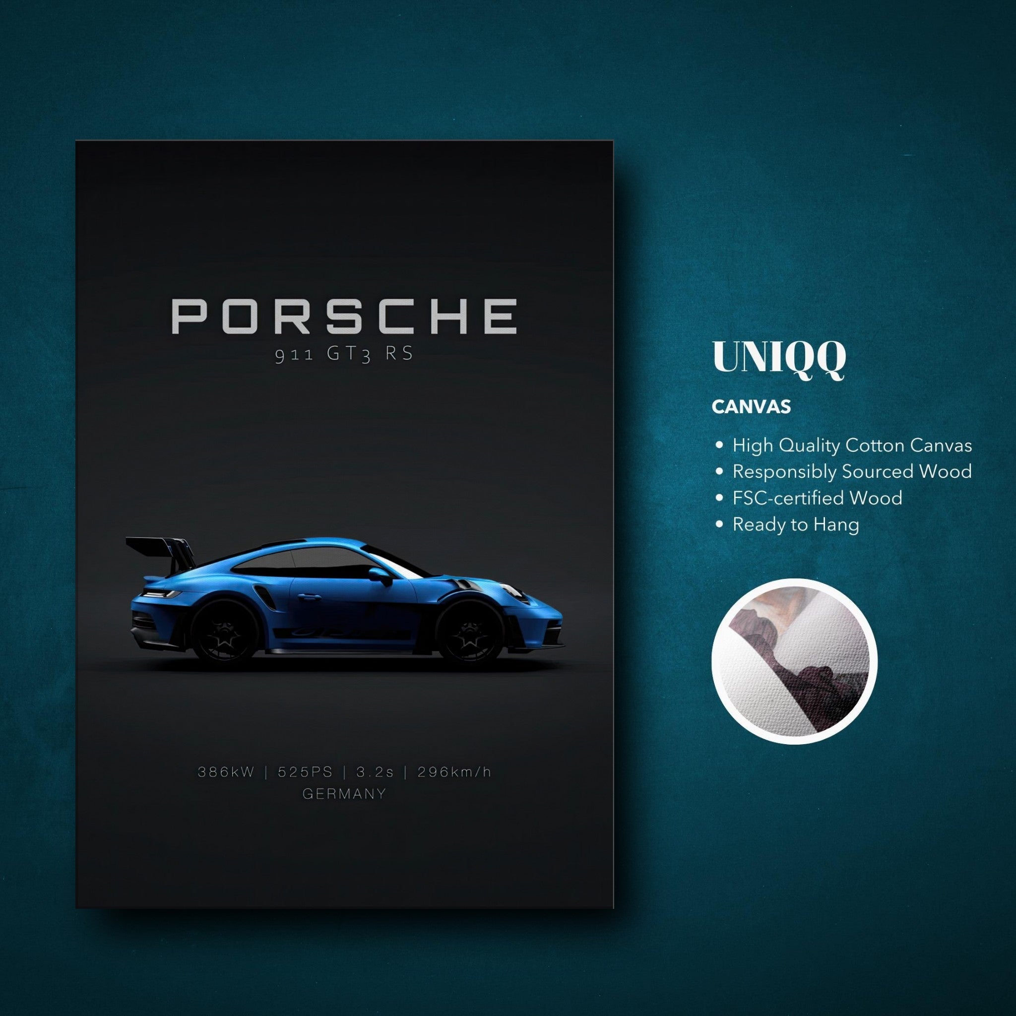 Porsche 911 GT3 RS premium canvas on a black background, showcasing blue sports car specifications.